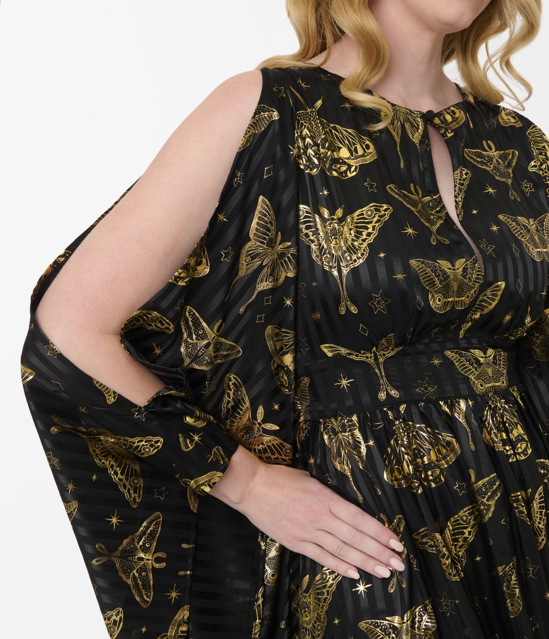 Unique Vintage Black & Gold Moth Flutter Sleeve Caftan - Unique Vintage - Womens, DRESSES, MAXI