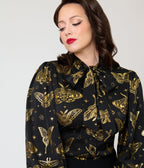 Unique Vintage Black & Gold Moth Neck Tie Gwen Blouse - Unique Vintage - Tops