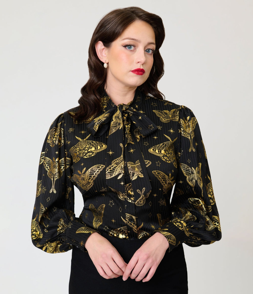 Unique Vintage Black & Gold Moth Neck Tie Gwen Blouse - Unique Vintage - Tops