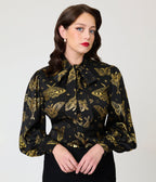 Unique Vintage Black & Gold Moth Neck Tie Gwen Blouse - Unique Vintage - Tops