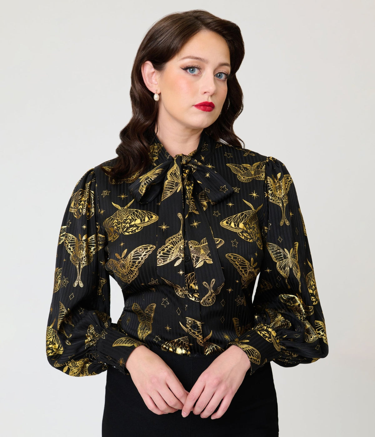 Unique Vintage Black & Gold Moth Neck Tie Gwen Blouse - Unique Vintage - Tops