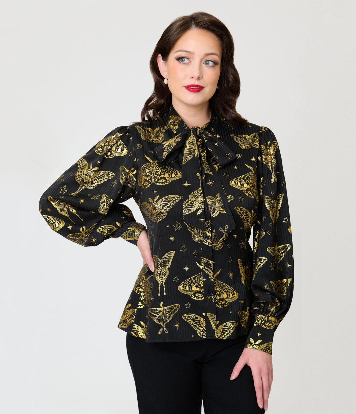Unique Vintage Black & Gold Moth Neck Tie Gwen Blouse - Unique Vintage - Tops