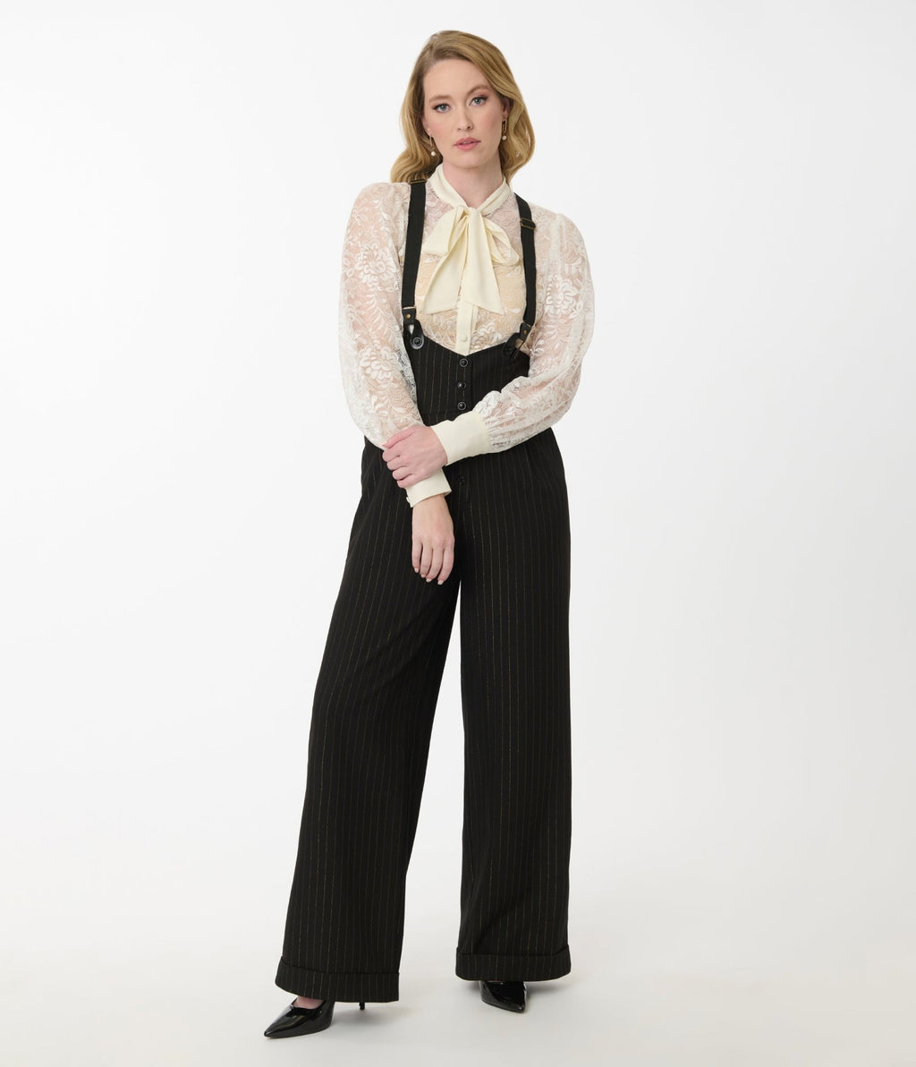 Unique Vintage Black & Gold Pinstripe Thelma Suspender Pants - Unique Vintage - Womens, BOTTOMS, PANTS