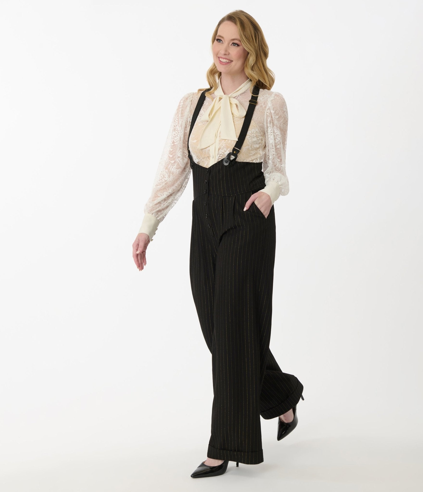Unique Vintage Black & Gold Pinstripe Thelma Suspender Pants