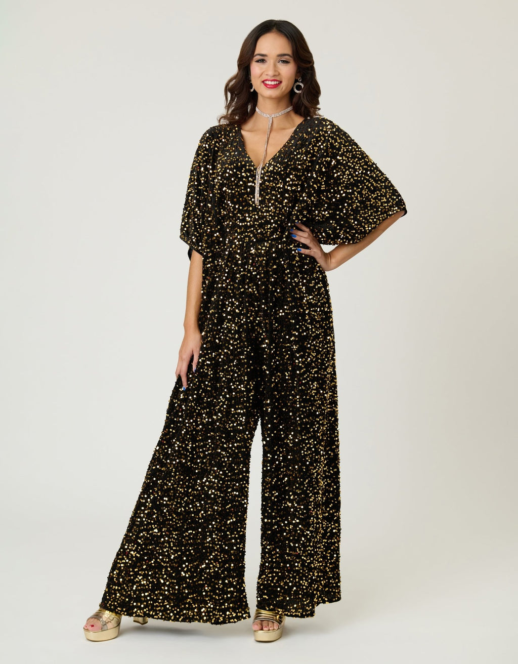 Unique Vintage Black & Gold Sequin Caftan Jumpsuit - Unique Vintage - Womens, BOTTOMS, ROMPERS AND JUMPSUITS