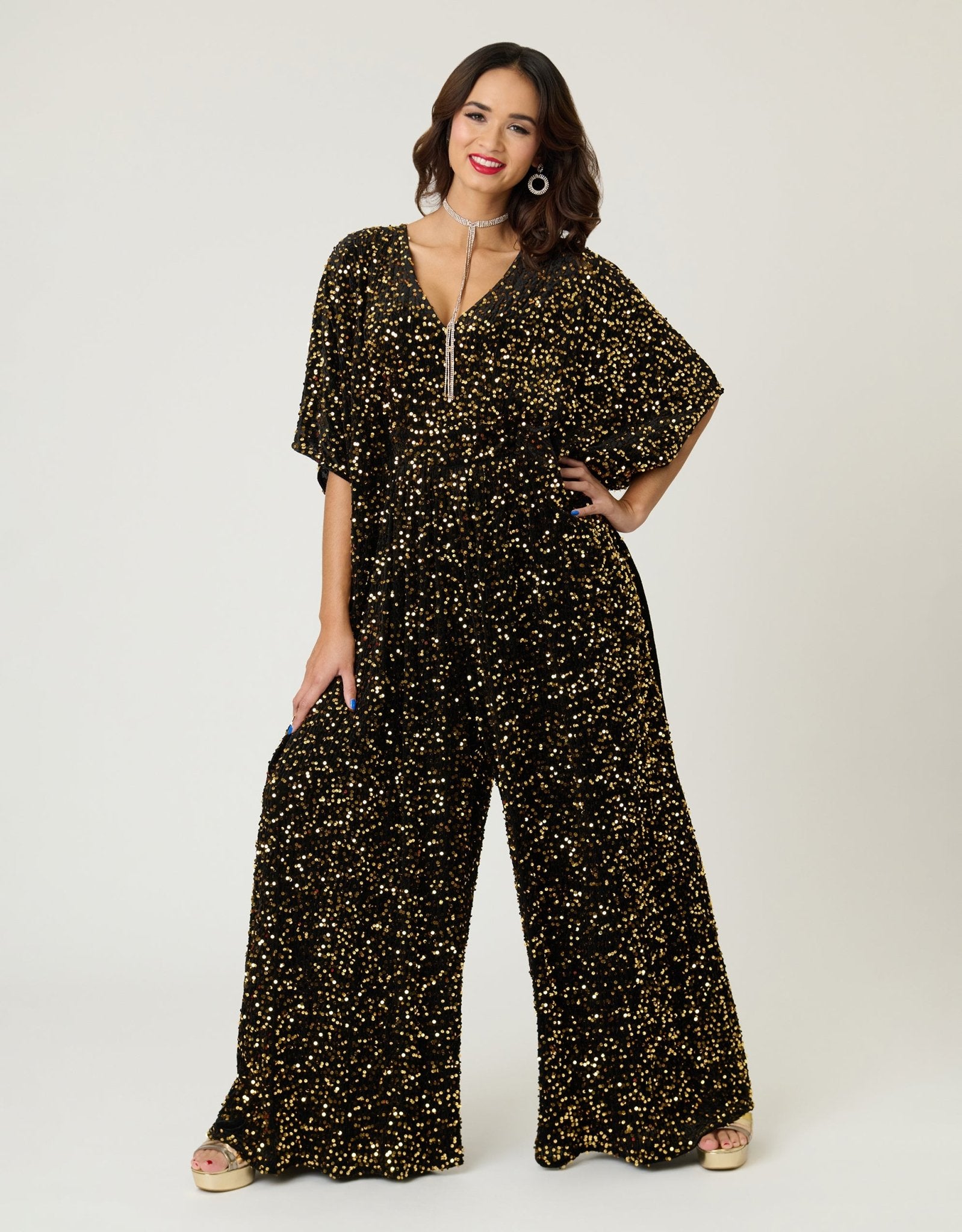 Unique Vintage Black & Gold Sequin Caftan Jumpsuit - Unique Vintage - Womens, BOTTOMS, ROMPERS AND JUMPSUITS