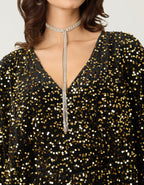 Unique Vintage Black & Gold Sequin Caftan Jumpsuit - Unique Vintage - Womens, BOTTOMS, ROMPERS AND JUMPSUITS