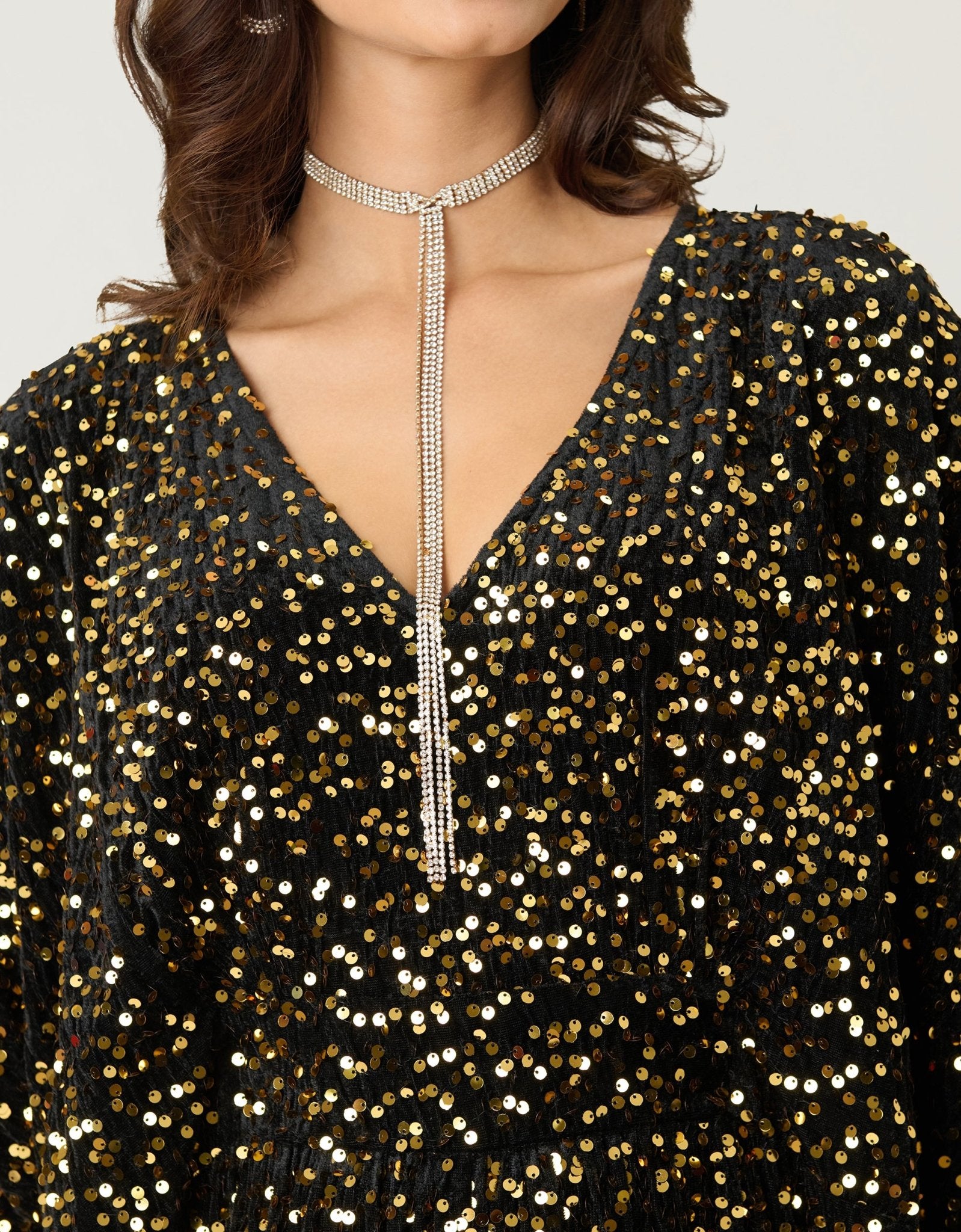 Unique Vintage Black & Gold Sequin Caftan Jumpsuit - Unique Vintage - Womens, BOTTOMS, ROMPERS AND JUMPSUITS