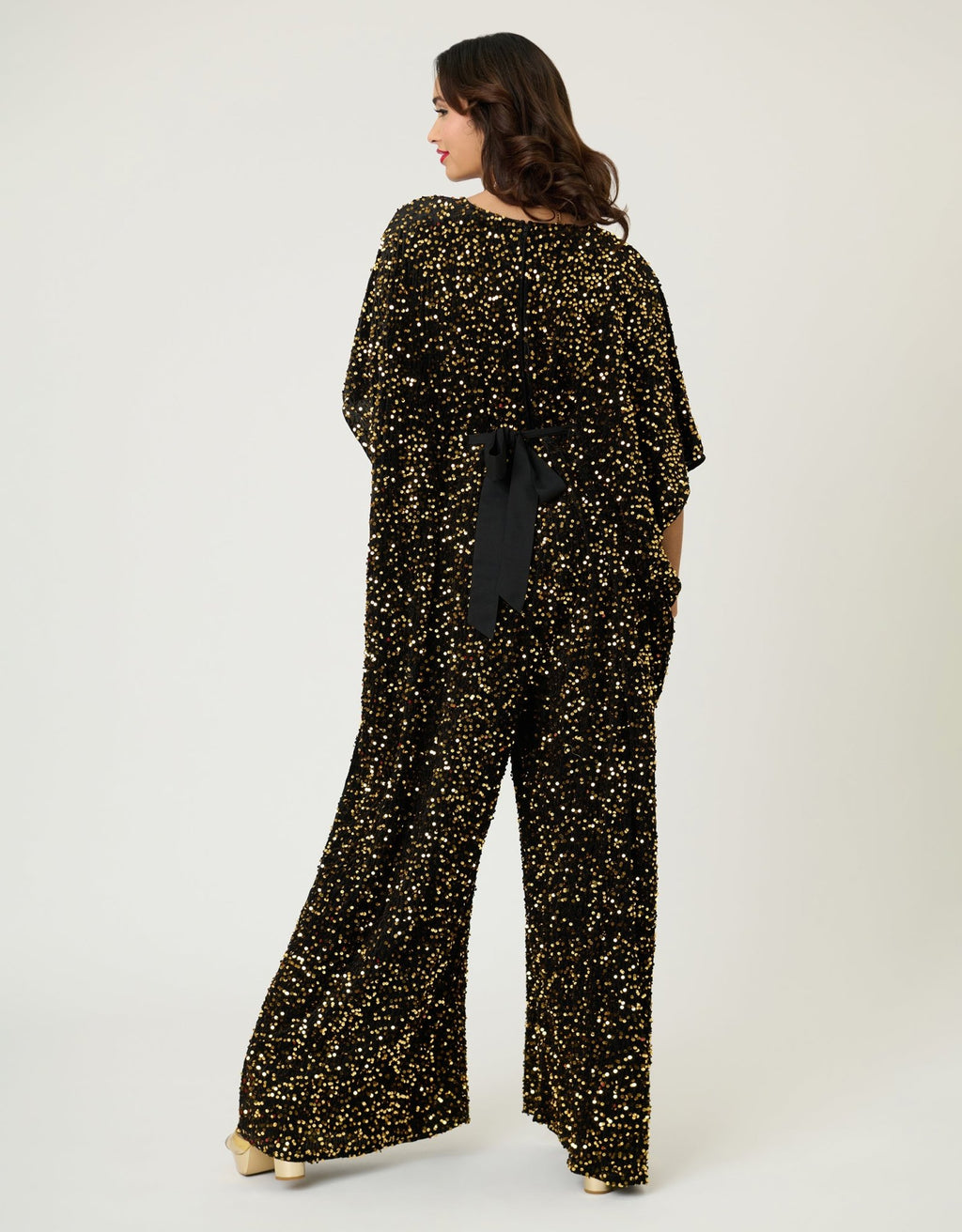Unique Vintage Black & Gold Sequin Caftan Jumpsuit - Unique Vintage - Womens, BOTTOMS, ROMPERS AND JUMPSUITS