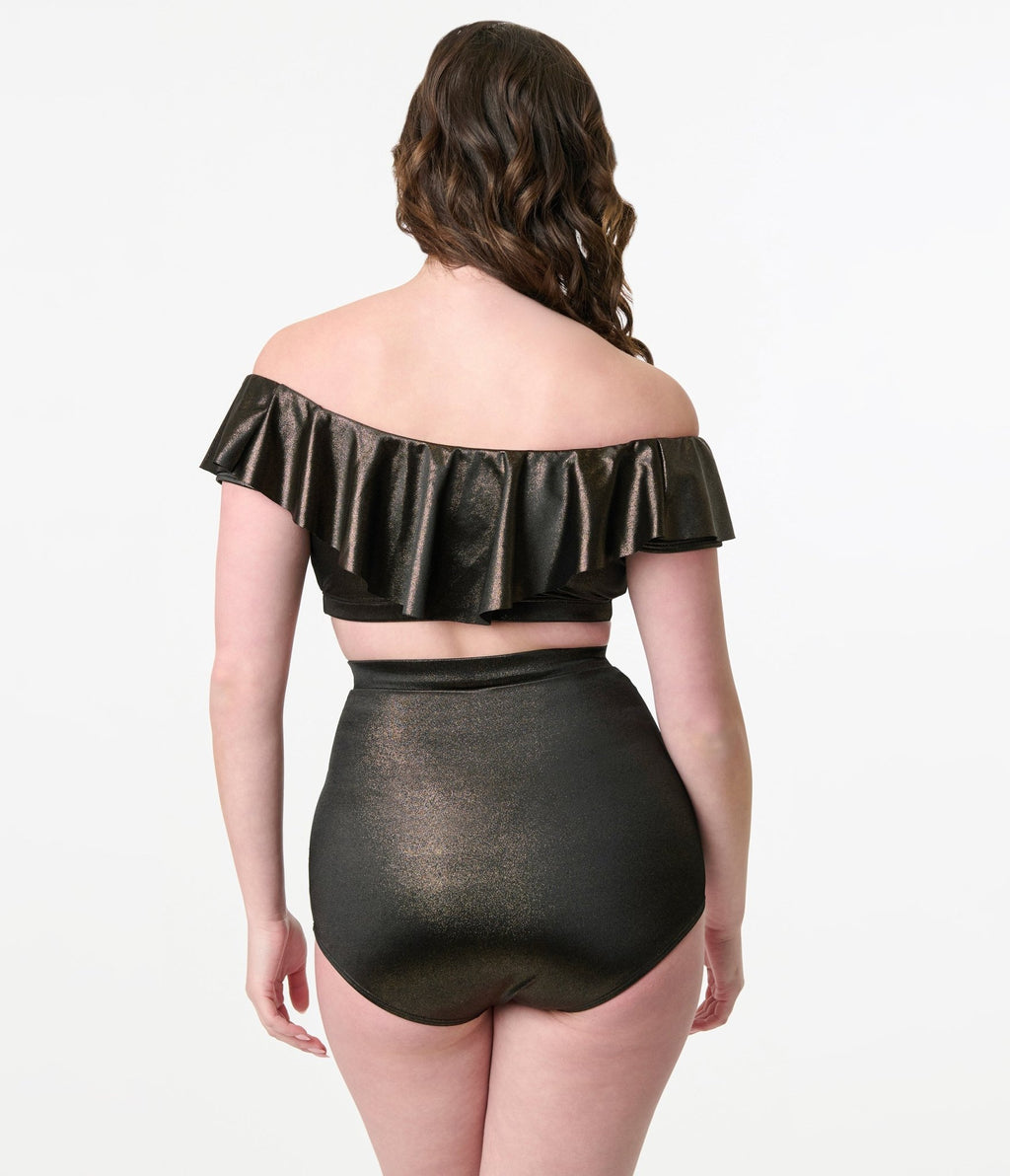 Unique Vintage Black & Gold Shimmer Monroe High Waist Bikini Bottom - Unique Vintage - Womens, SWIM, BOTTOM