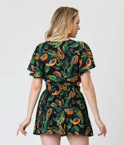 Unique Vintage Black & Green Venus Flytrap Print Dottie Crop Top - Unique Vintage - Womens, TOPS, WOVEN TOPS