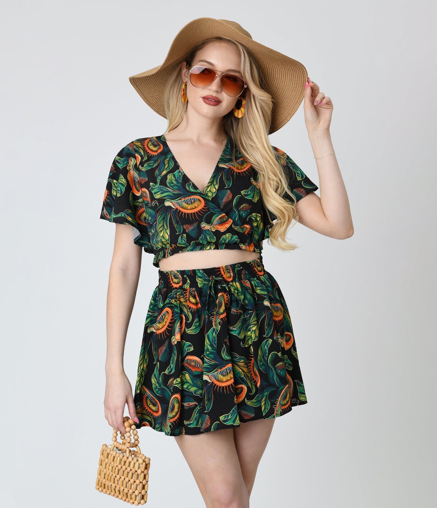 Unique Vintage Black & Green Venus Flytrap Print Dottie Crop Top - Unique Vintage - Womens, TOPS, WOVEN TOPS