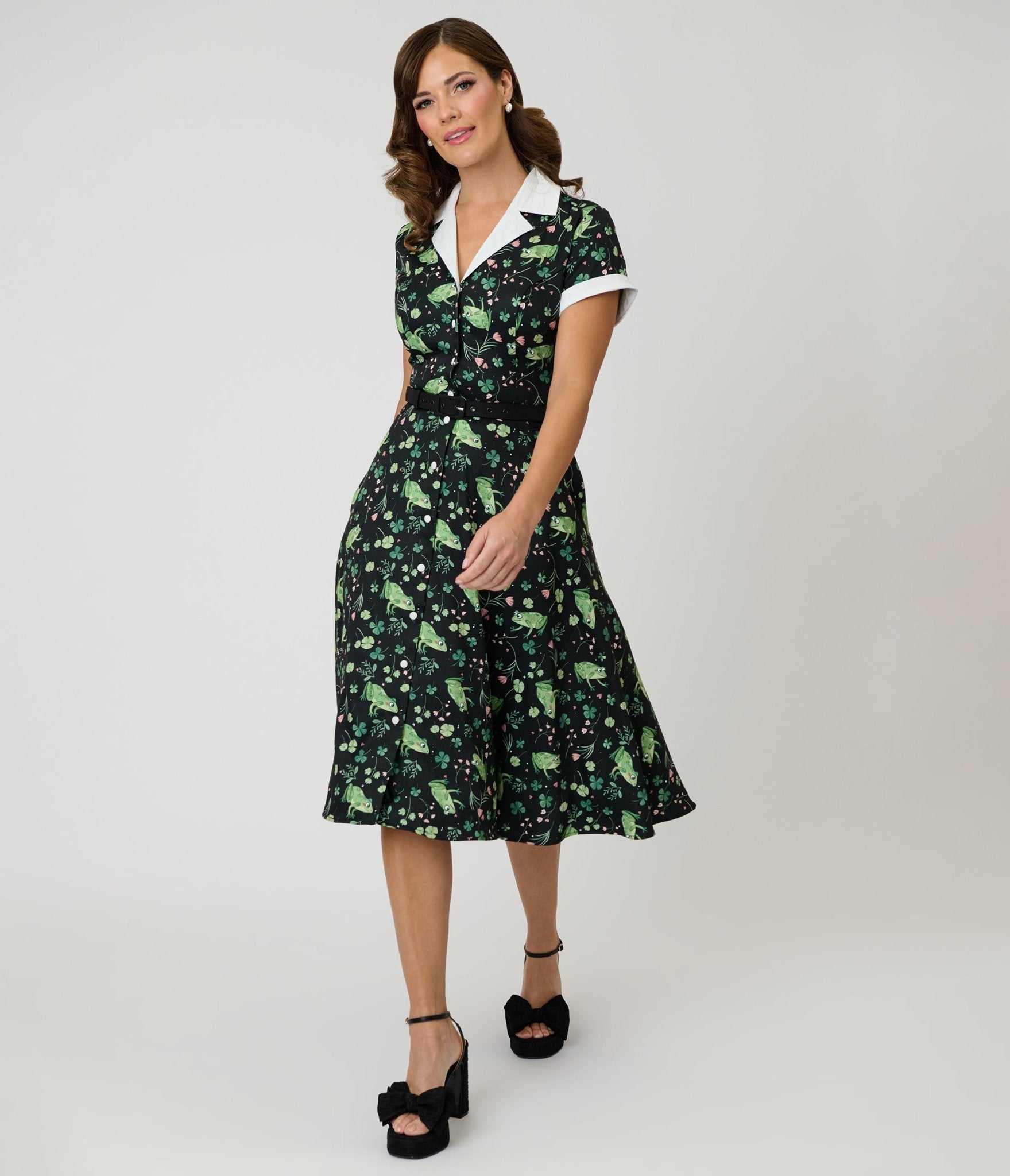 Unique Vintage Black & Green Watercolor Frogs Alexis Swing Dress