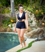 Unique Vintage Black High Waist Swim Shorts - Unique Vintage - Womens, SWIM, BOTTOM