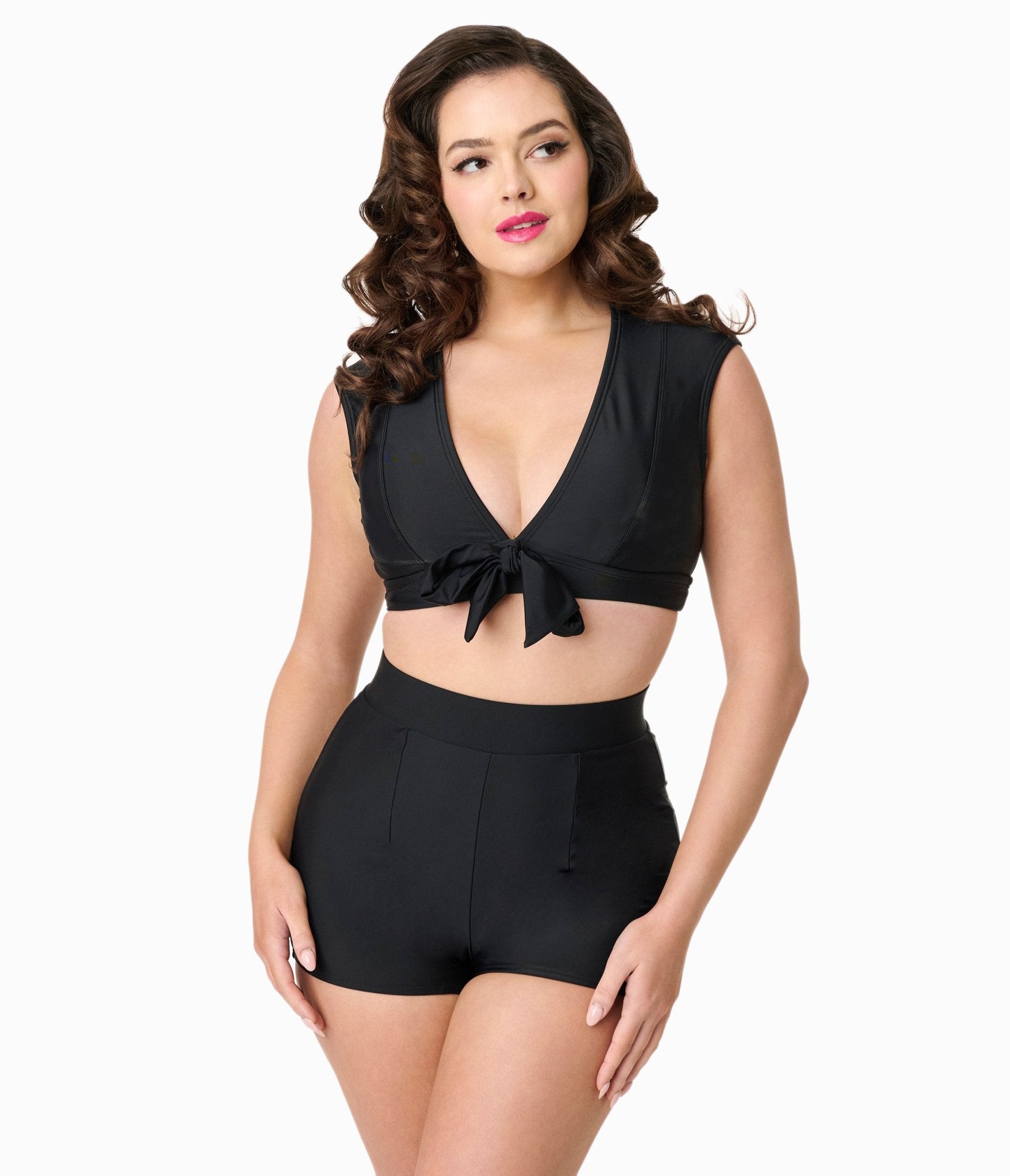 Unique Vintage Black High Waist Swim Shorts - Unique Vintage - Womens, SWIM, BOTTOM