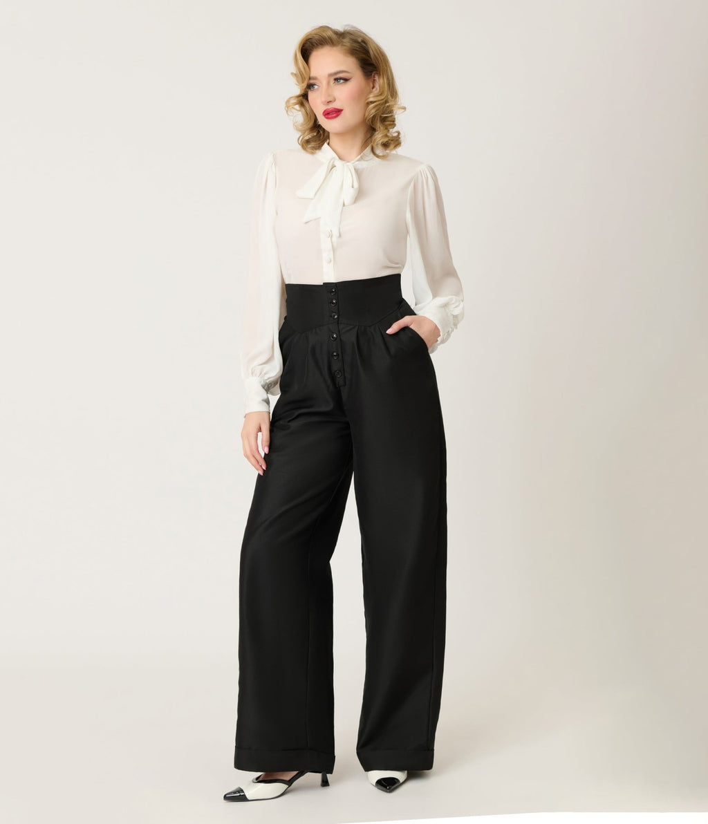 Unique Vintage Black High Waisted Trouser - Unique Vintage - Womens, BOTTOMS, PANTS