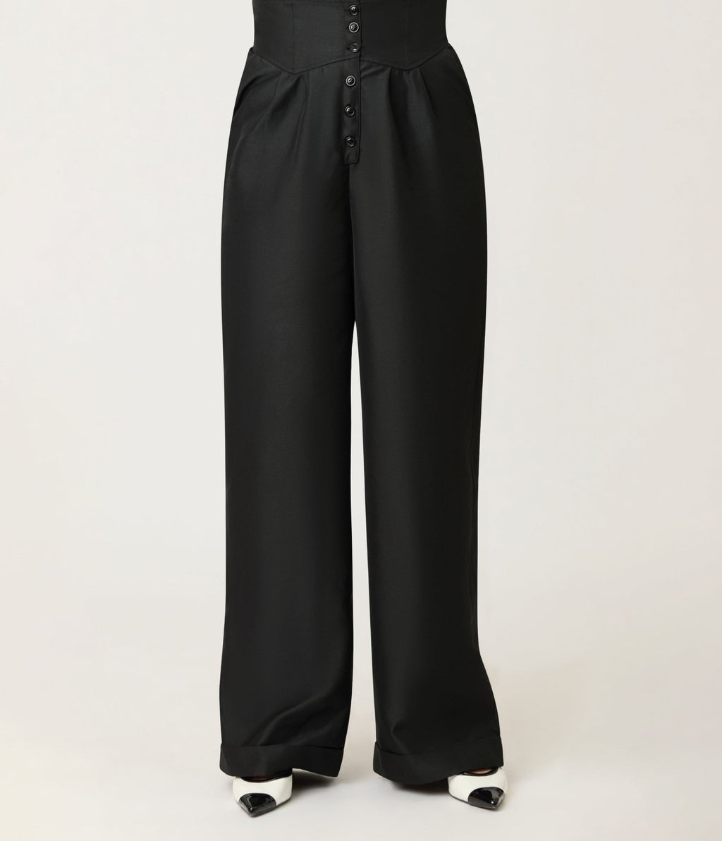 Unique Vintage Black High Waisted Trouser - Unique Vintage - Womens, BOTTOMS, PANTS
