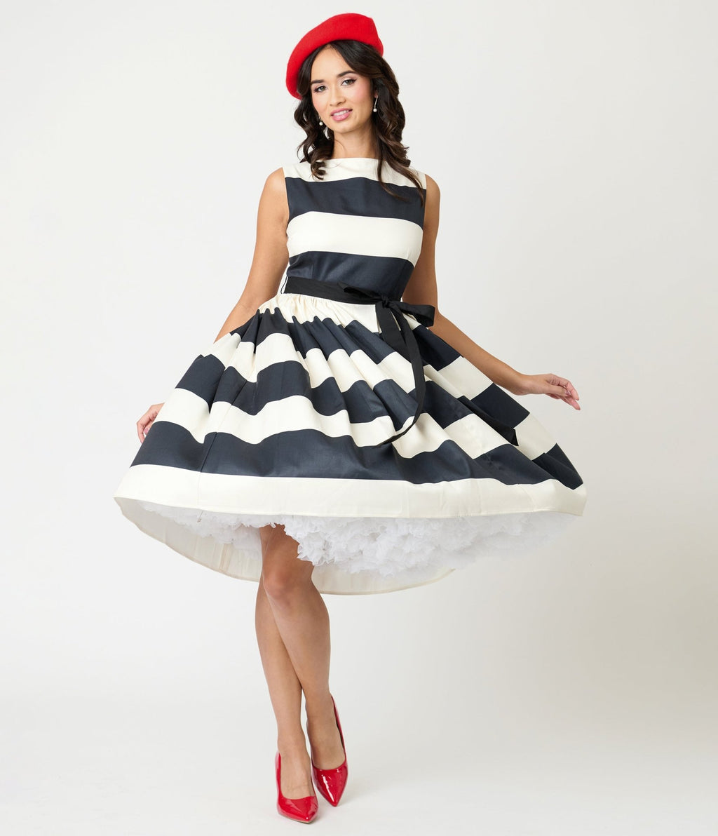 Unique Vintage Black & Ivory Stripe Swing Dress