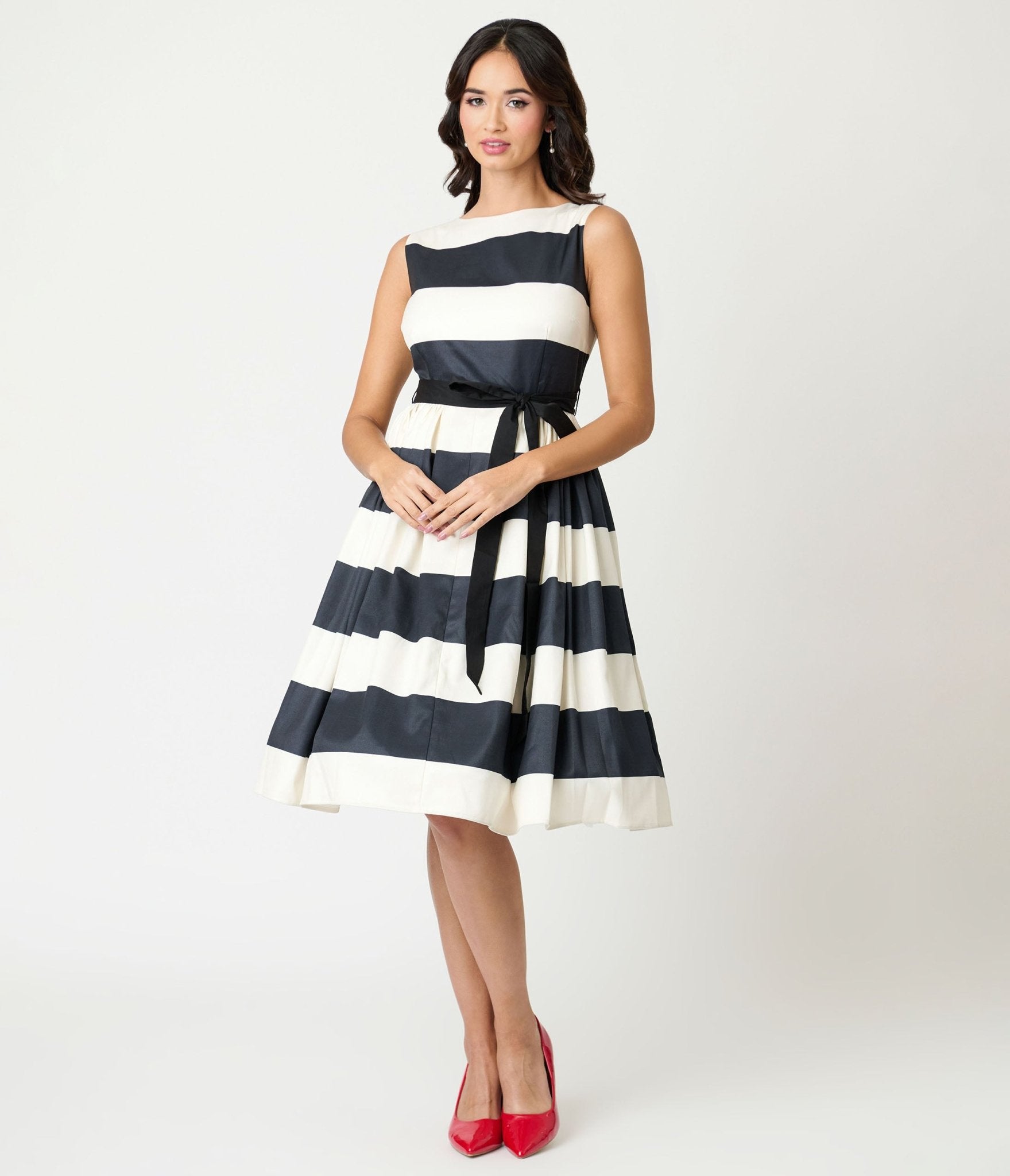 Unique Vintage Black & Ivory Stripe Swing Dress
