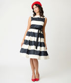 Unique Vintage Black & Ivory Stripe Swing Dress - Unique Vintage - Womens, DRESSES, SWING