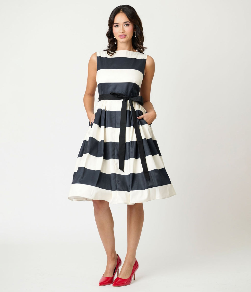 Unique Vintage Black & Ivory Stripe Swing Dress