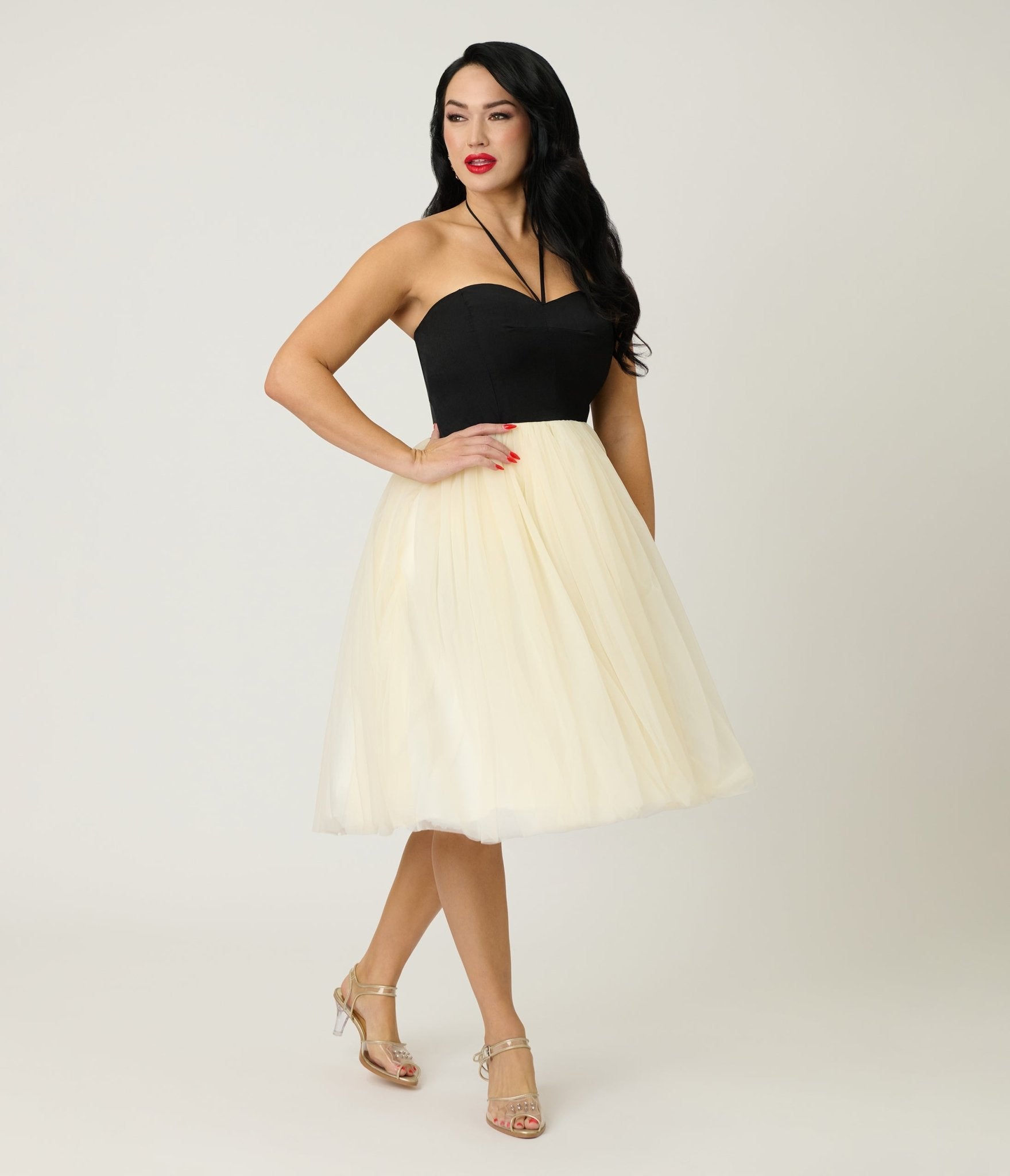 Unique Vintage Black & Ivory Sweetheart Halter Swing Dress XS/0-2
