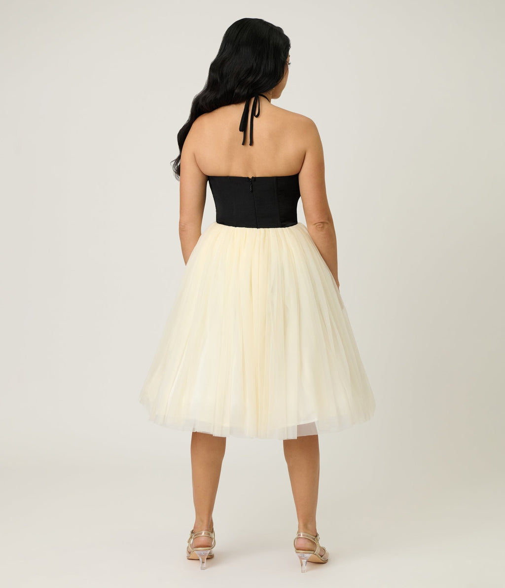 Unique Vintage Black & Ivory Sweetheart Halter Swing Dress - Unique Vintage - Womens, DRESSES, SWING