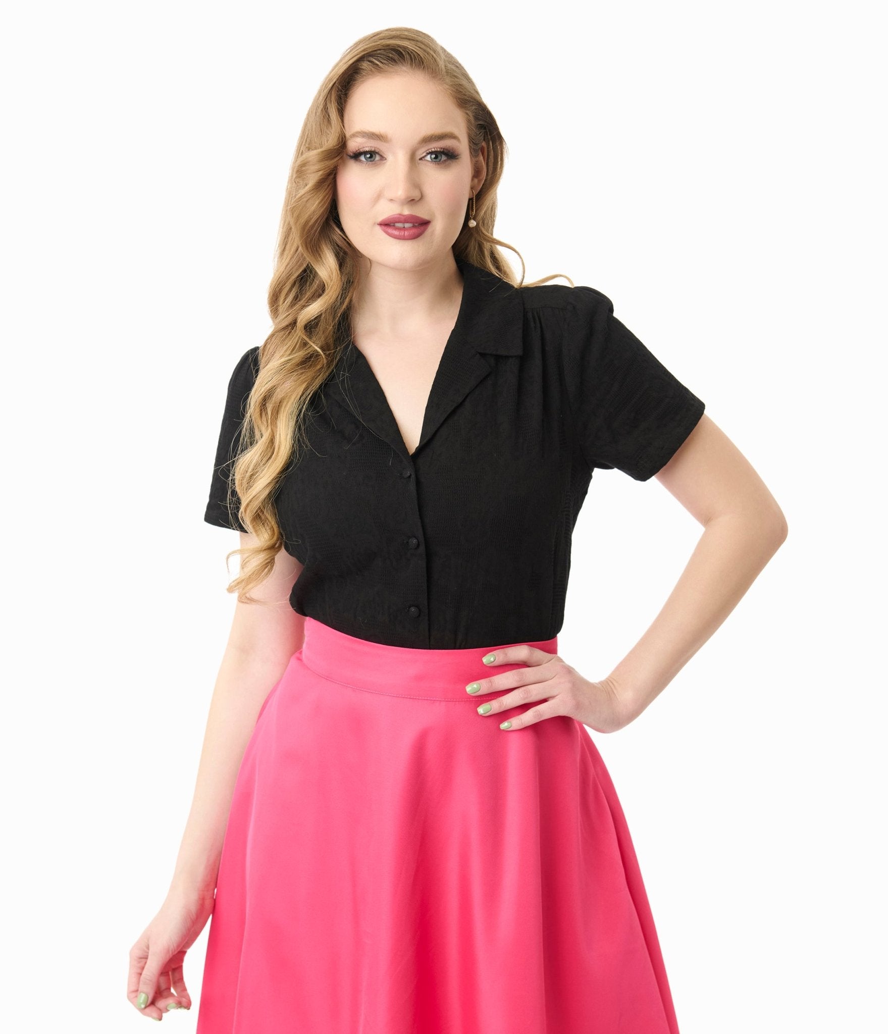 Unique Vintage Black Jacquard Notched Collar Blouse - Unique Vintage - Womens, TOPS, WOVEN TOPS