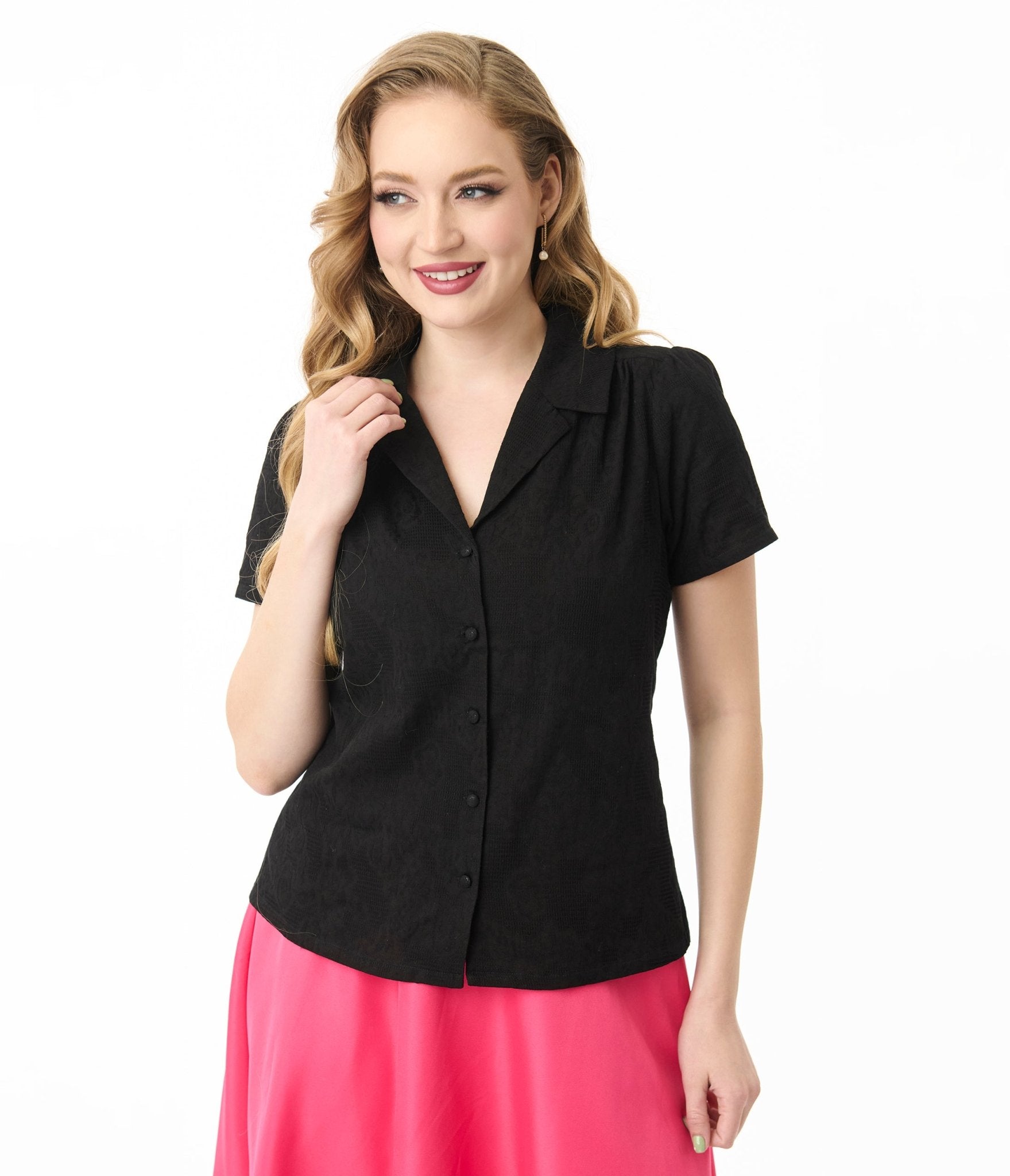 Unique Vintage Black Jacquard Notched Collar Blouse - Unique Vintage - Womens, TOPS, WOVEN TOPS