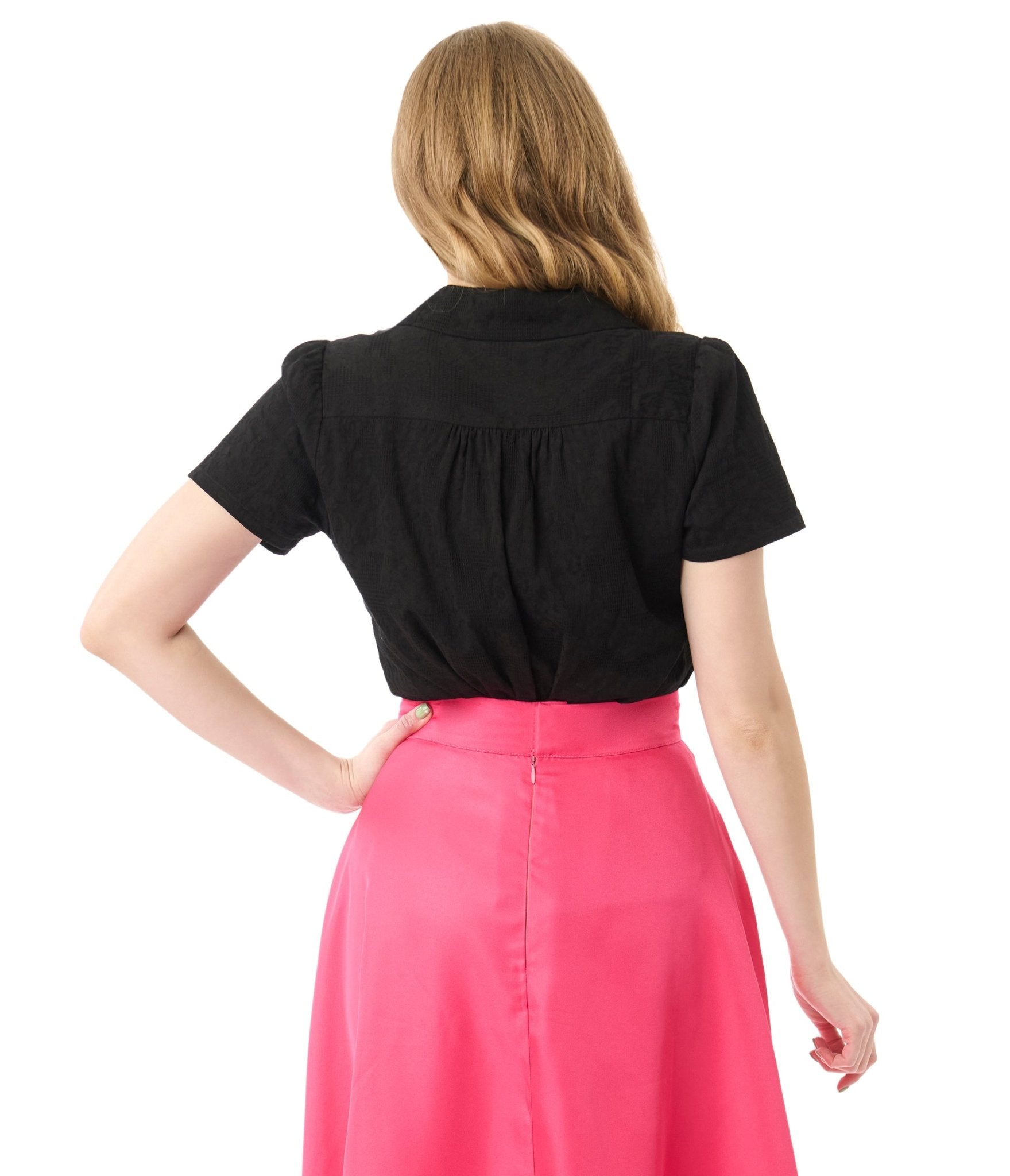 Unique Vintage Black Jacquard Notched Collar Blouse - Unique Vintage - Womens, TOPS, WOVEN TOPS