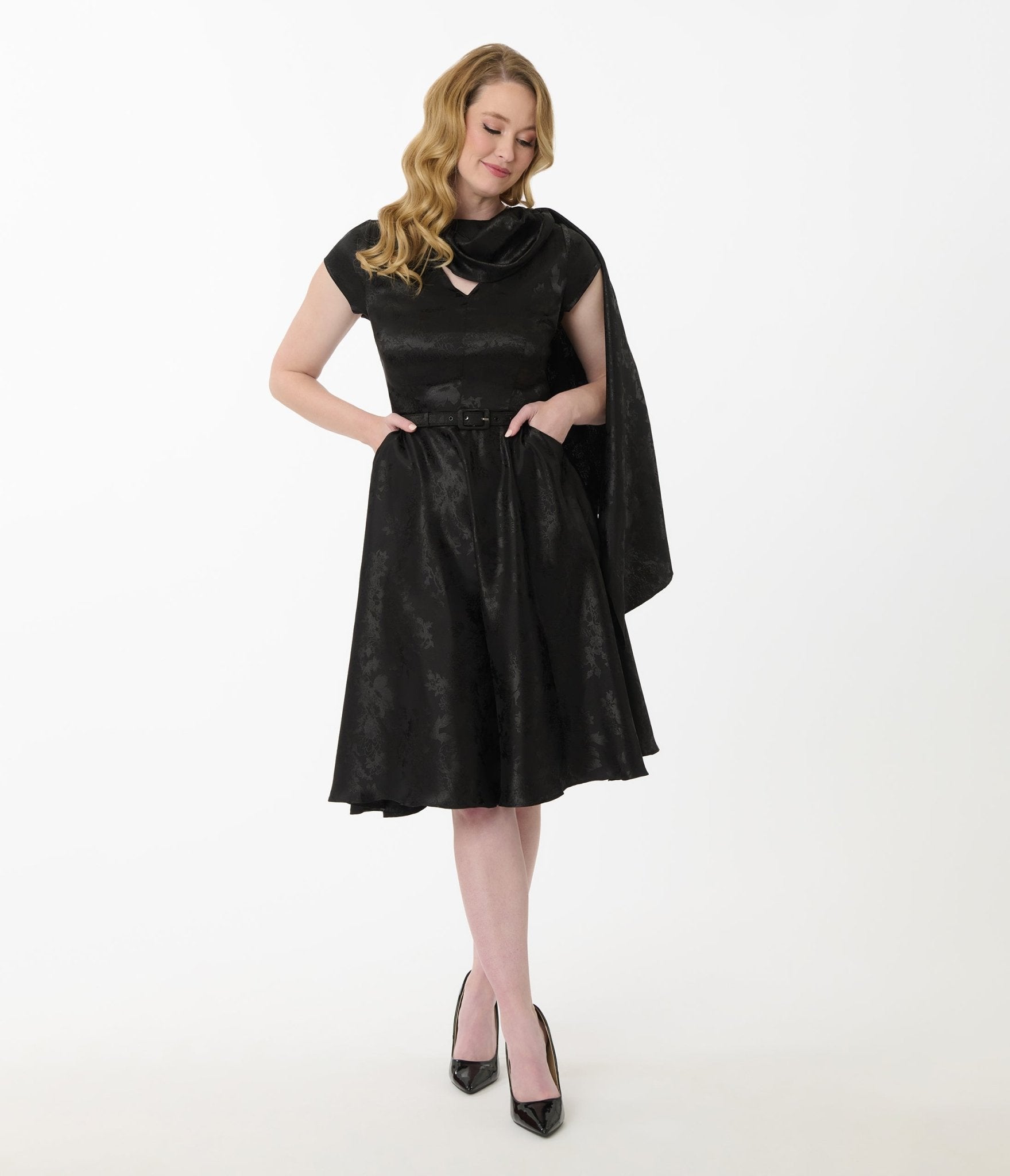 Unique Vintage Black Jacquard Sash Swing Dress Unique Vintage Black Jacquard Sash Swing Dress