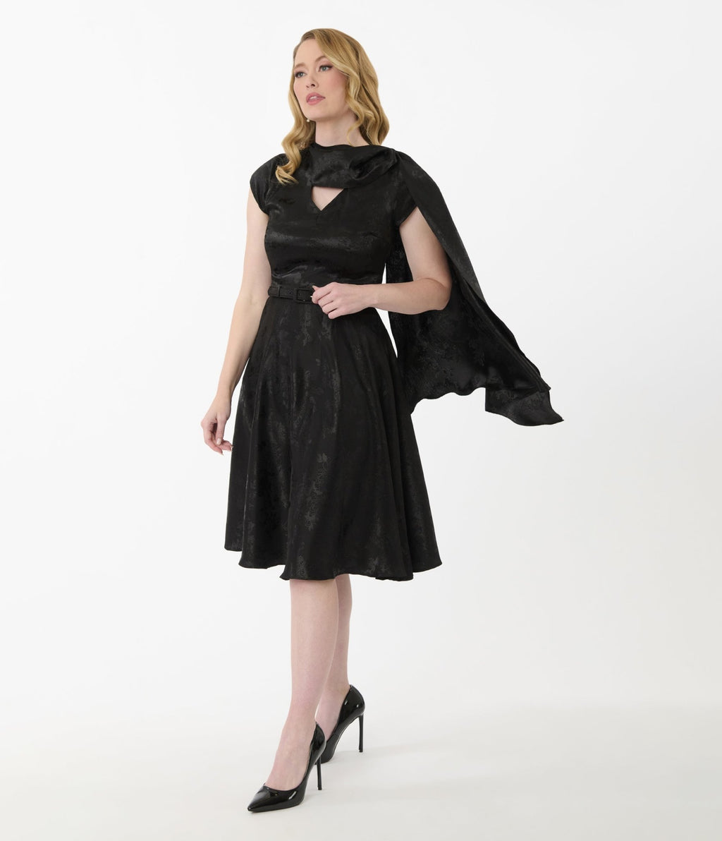 Unique Vintage Black Jacquard Sash Swing Dress - Unique Vintage - Womens, DRESSES, SWING