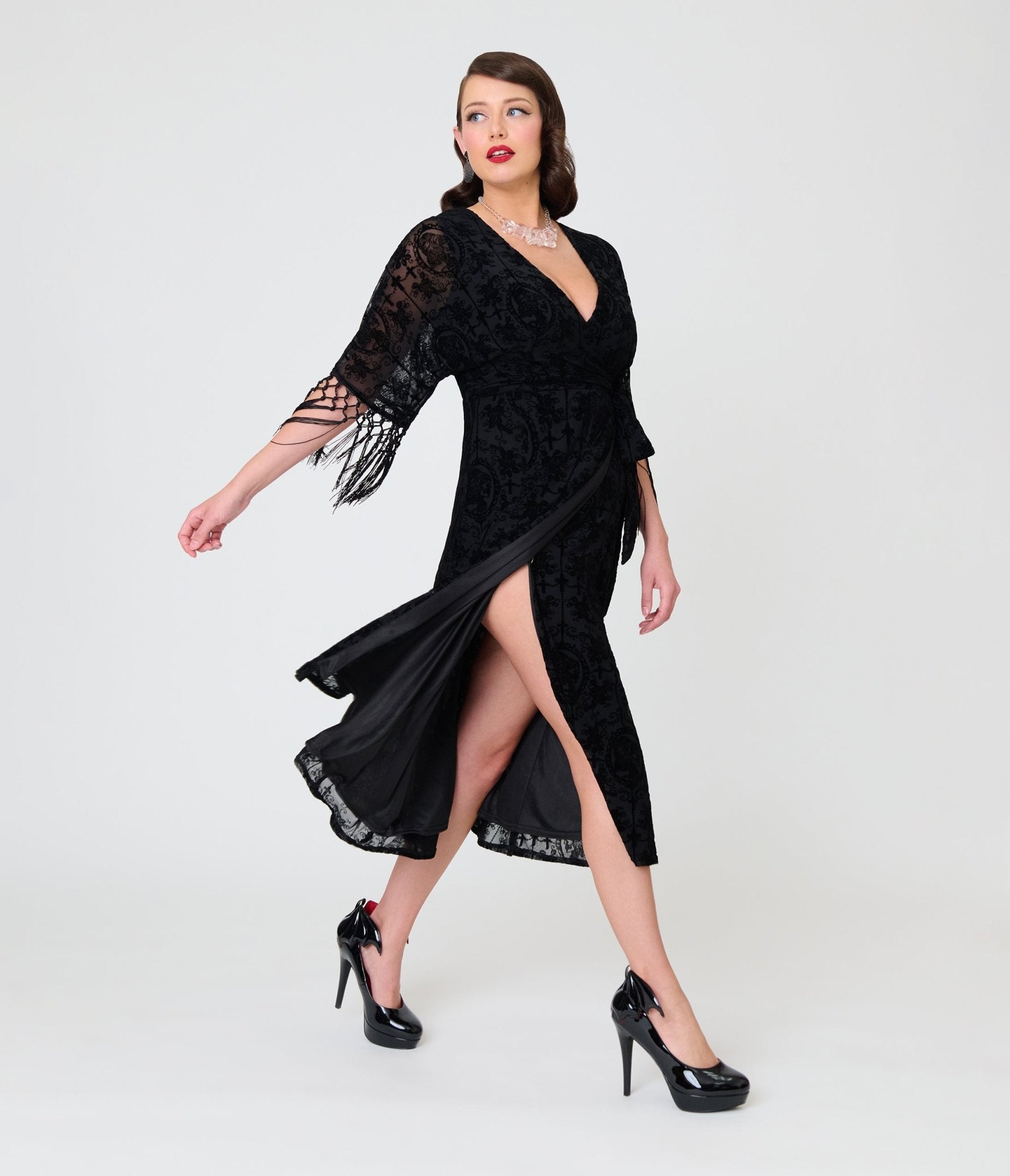 Unique Vintage Black La Caterina Velvet Burnout Wrap Angelique Midi Dr