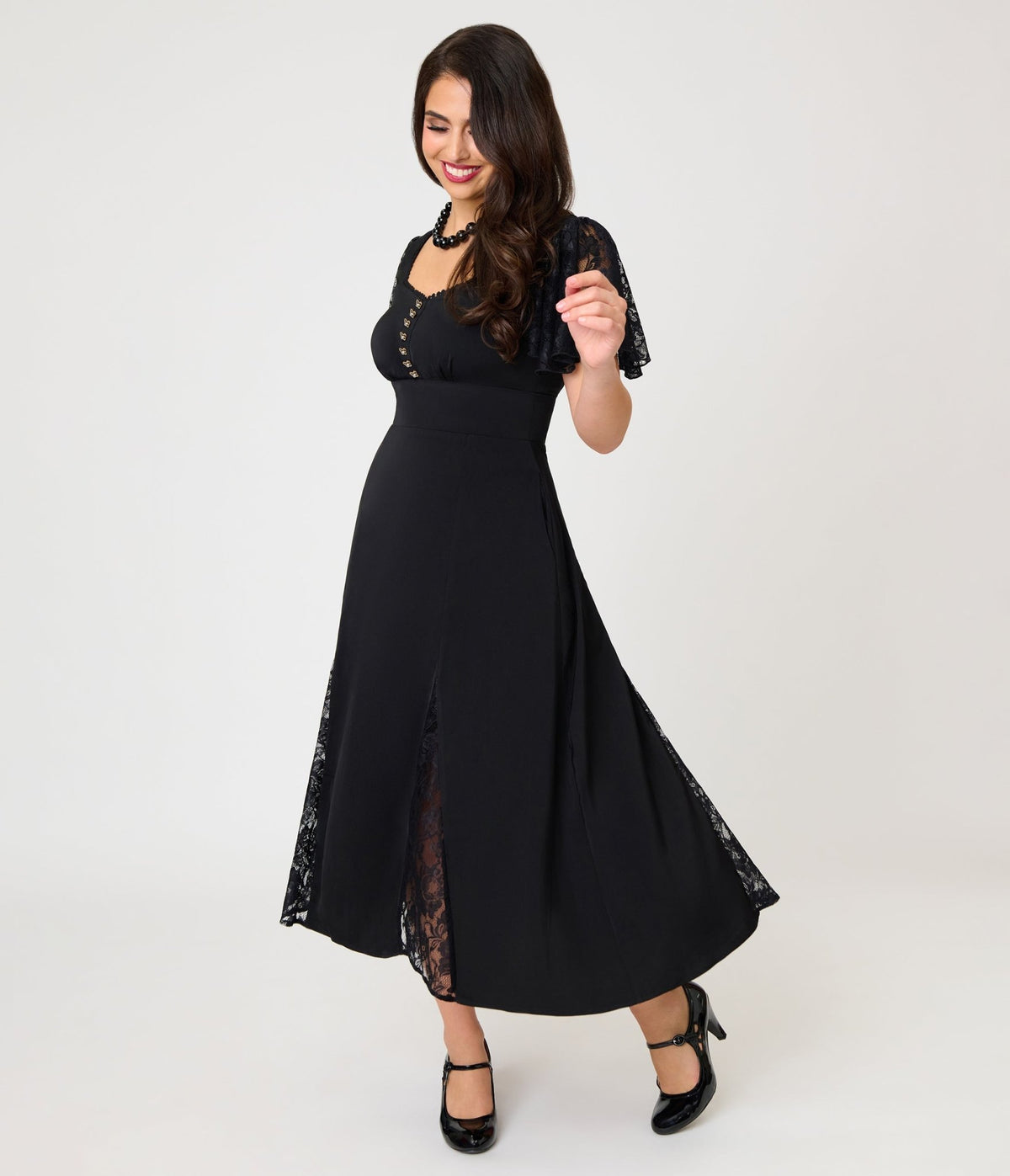 Unique Vintage Black & Lace Gloria Midi Dress - Unique Vintage -