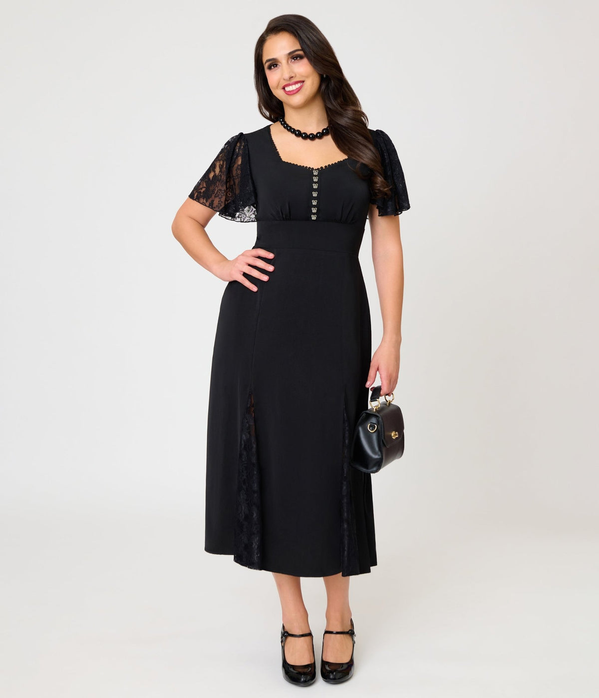 Unique Vintage Black & Lace Gloria Midi Dress - Unique Vintage -