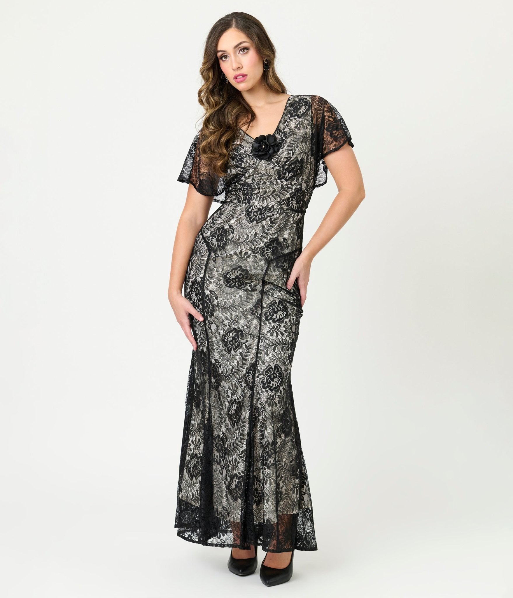 Unique Vintage Black Lace & Nude Lining Flutter Sleeve Gown - Unique Vintage - Womens, FLAPPER, SLEEVED NON BEADED