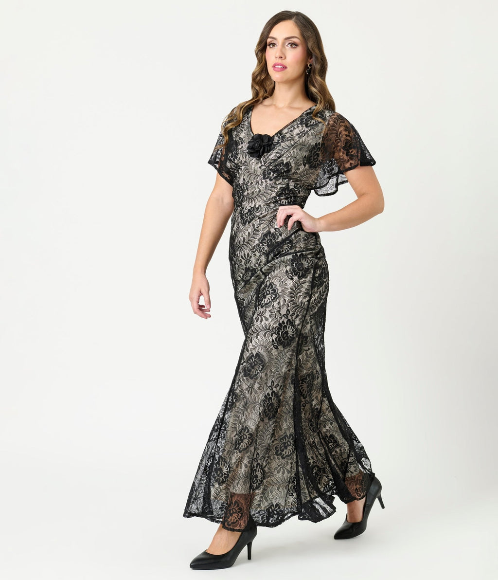Unique Vintage Black Lace & Nude Lining Flutter Sleeve Gown Unique Vintage Black Lace & Nude Lining Flutter Sleeve Gown