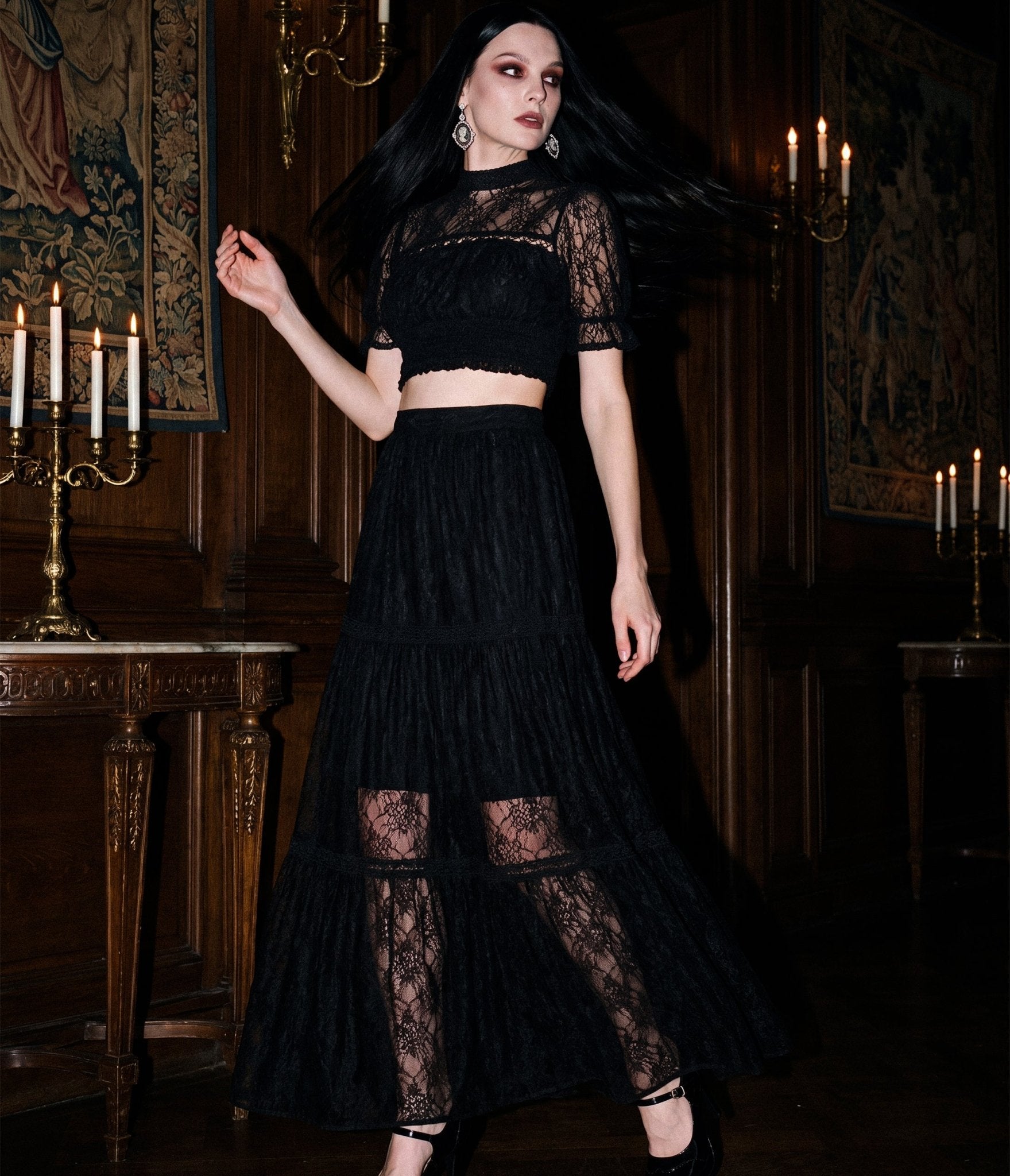 Unique Vintage Black Lace Tiered Maxi Skirt - Unique Vintage - Womens, BOTTOMS, SKIRTS