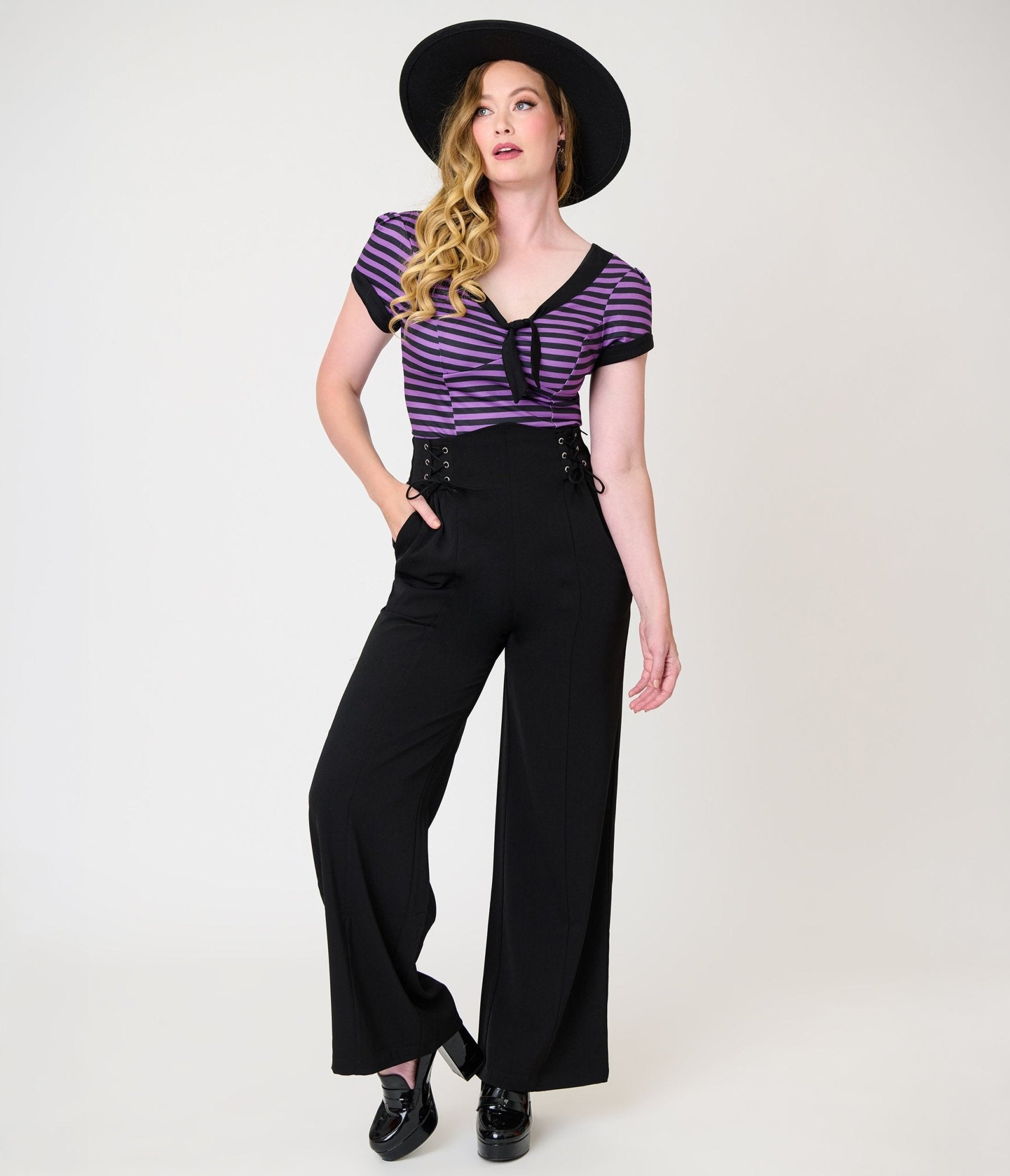 Unique Vintage Black Lace Up High Waist Trousers - Unique Vintage - Womens, BOTTOMS, PANTS