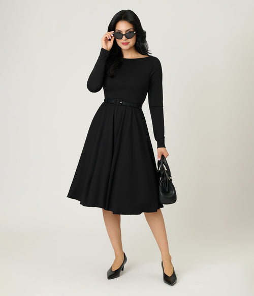 Unique Vintage Black Long Sleeve Devon Swing Dress M/8-10