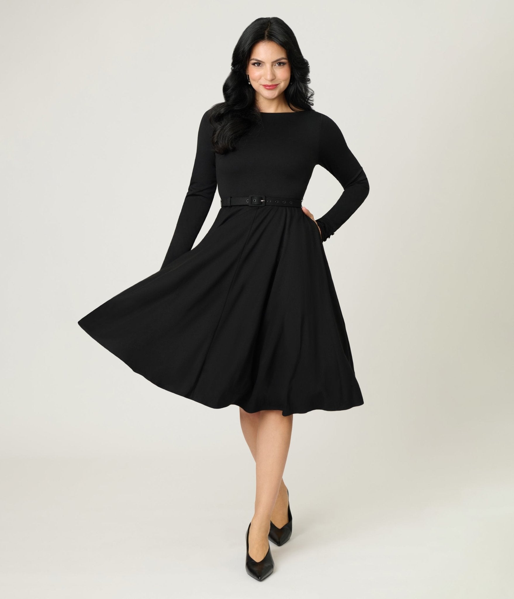 Unique Vintage Black Long Sleeve Devon Swing Dress M/8-10 Unique Vintage Black Long Sleeve Devon Swing Dress M/8-10