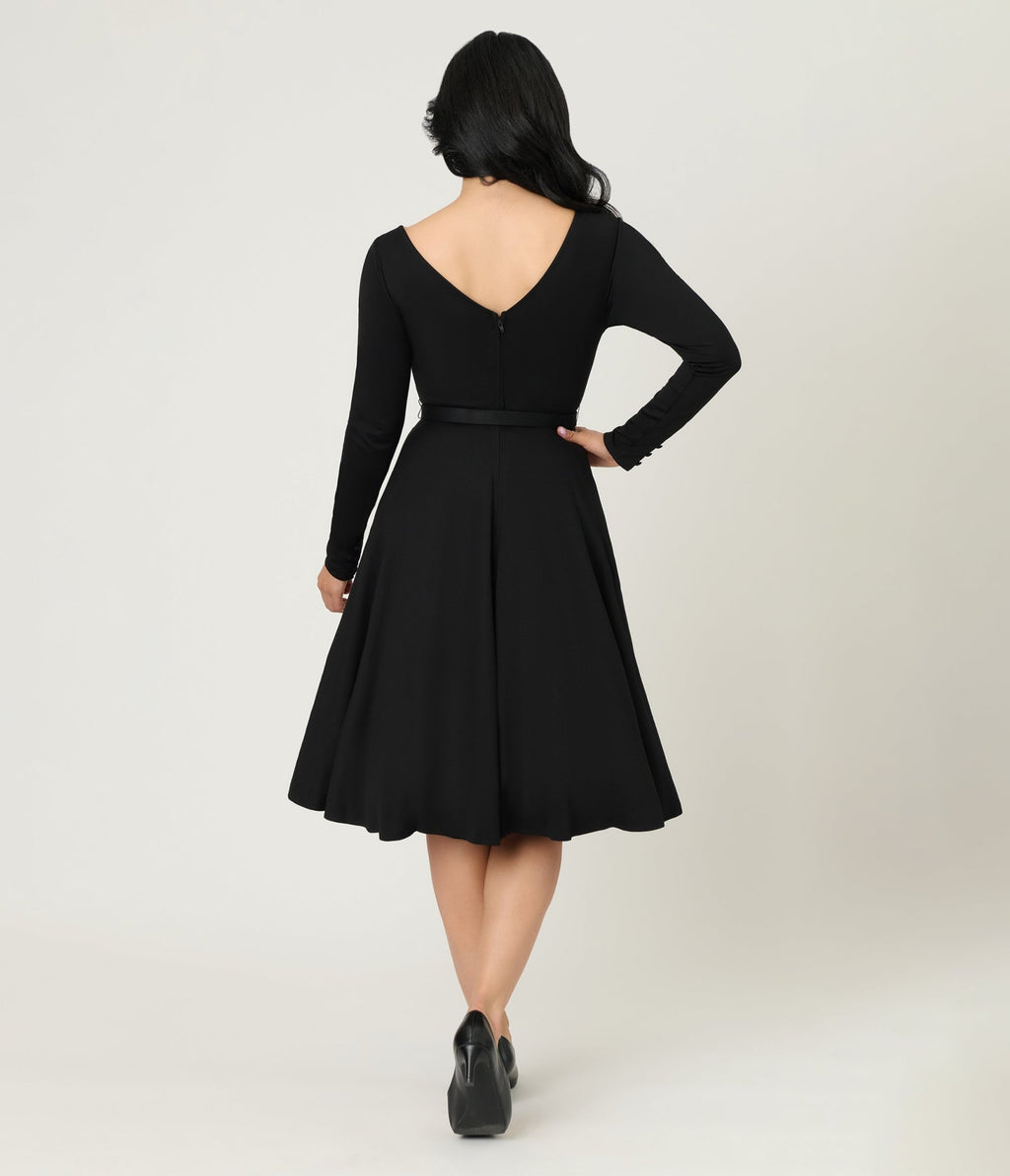 Unique Vintage Black Long Sleeve Devon Swing Dress M/8-10 Unique Vintage Black Long Sleeve Devon Swing Dress M/8-10