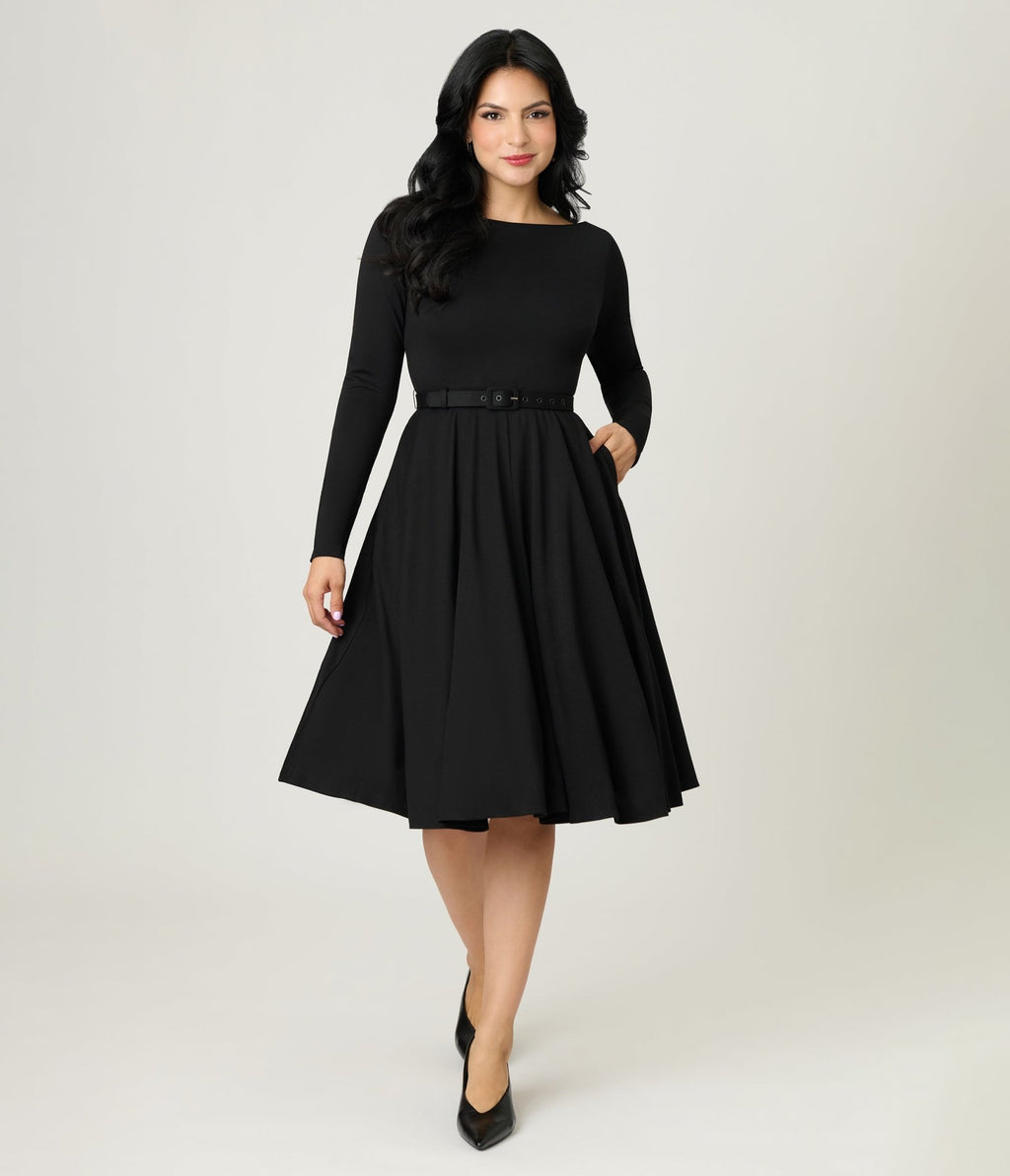 Unique Vintage Black Long Sleeve Devon Swing Dress - Unique Vintage - Womens, DRESSES, SWING