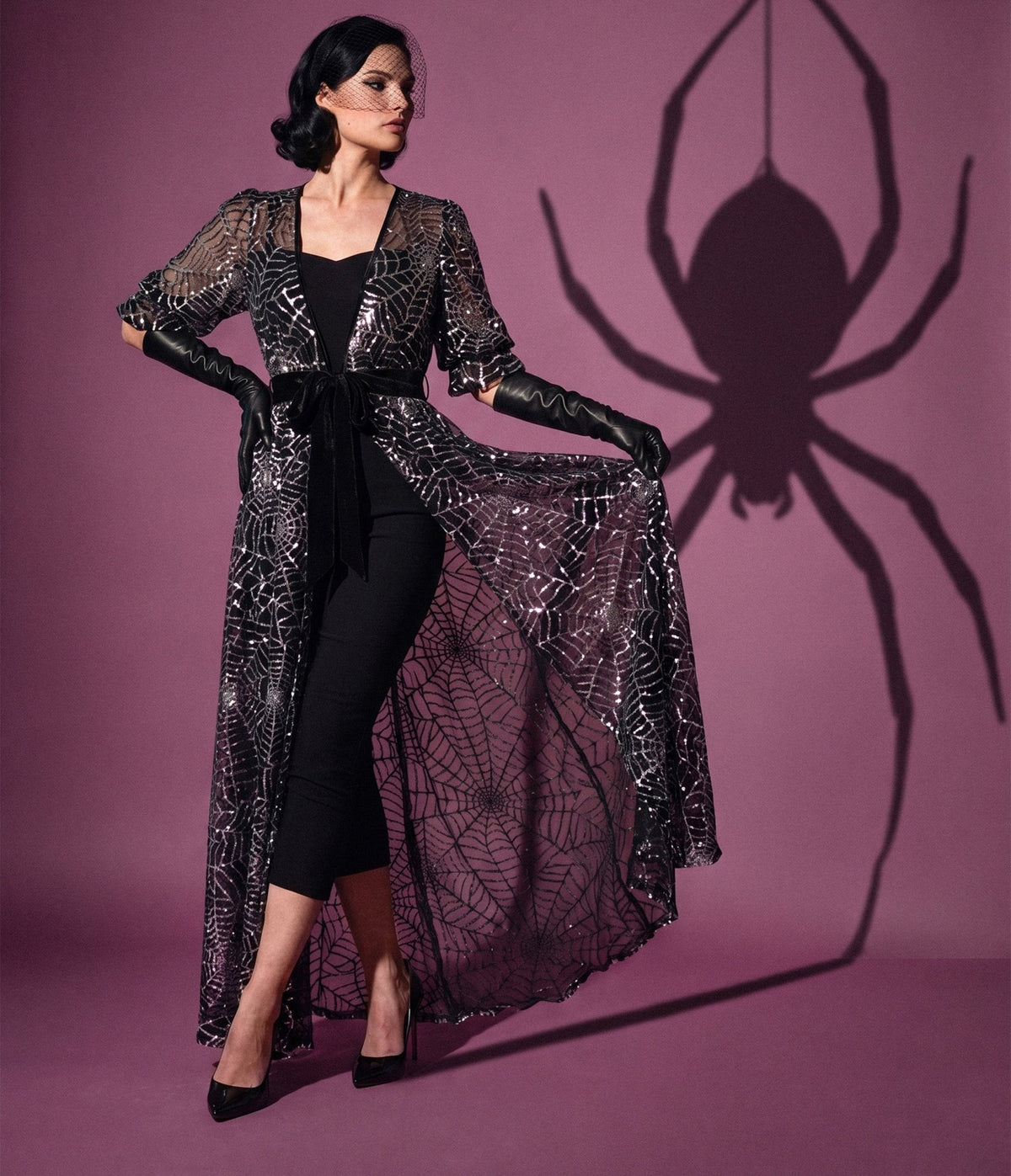 Unique Vintage Black Mesh & Silver Spiderweb Duster - Unique Vintage -