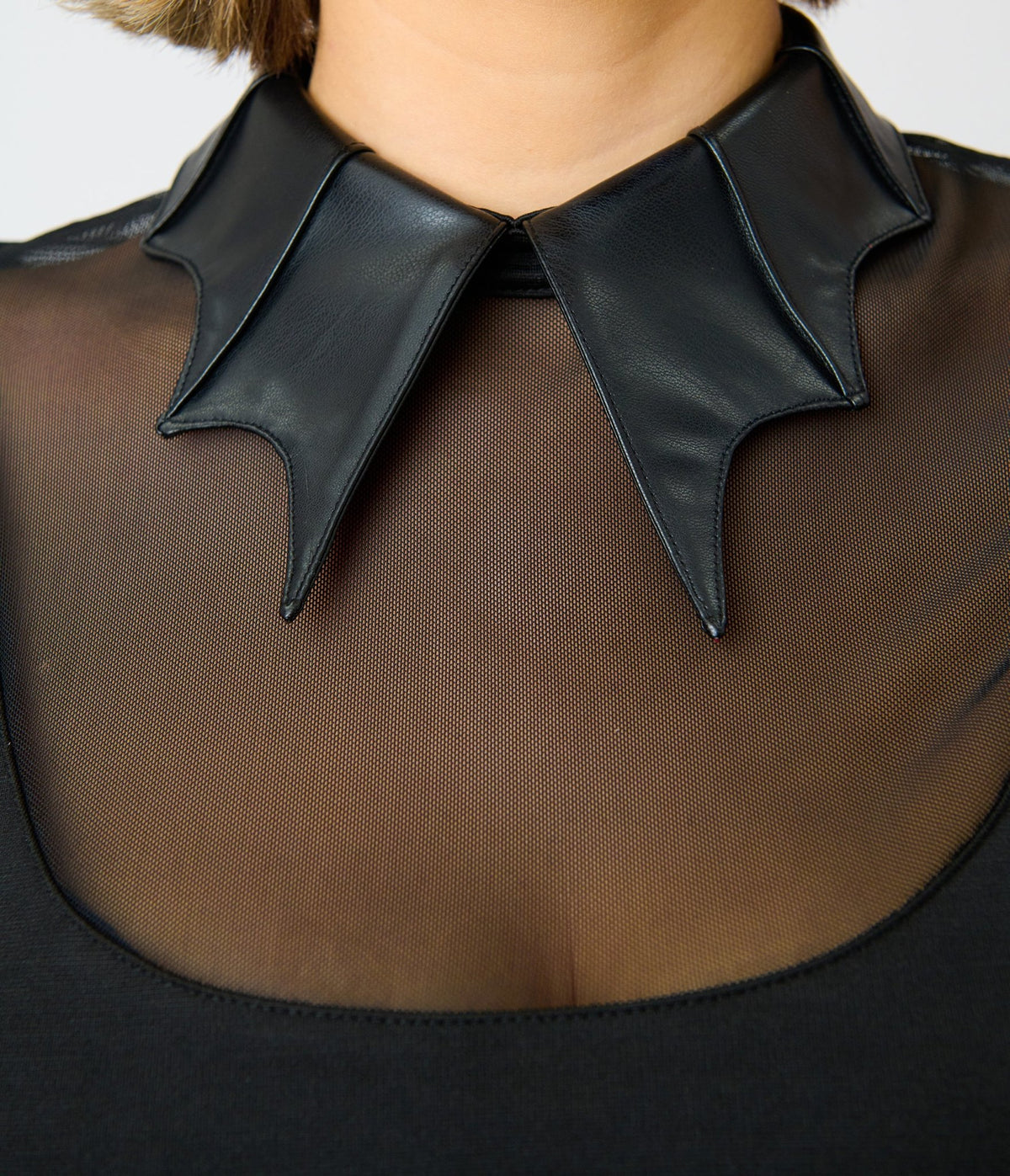 Unique Vintage Black Mesh & Vegan Leather Bat Collar Knit Fitz Top - Unique Vintage - Knit Tops