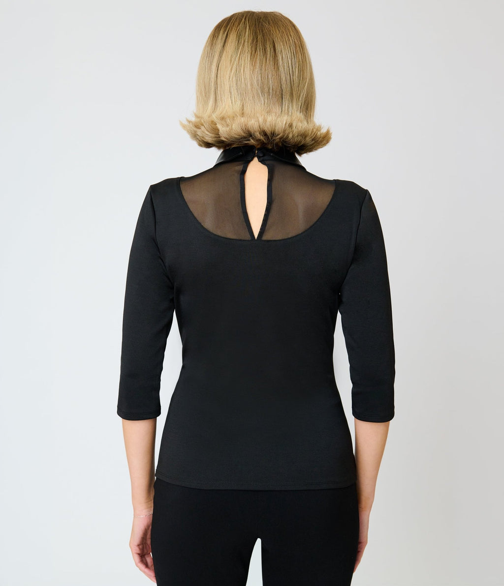 Unique Vintage Black Mesh & Vegan Leather Bat Collar Knit Fitz Top - Unique Vintage - Knit Tops