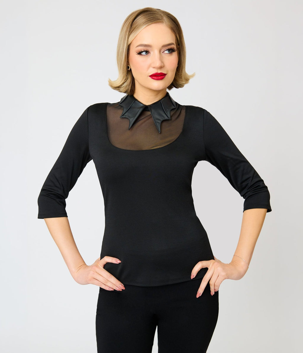 Unique Vintage Black Mesh & Vegan Leather Bat Collar Knit Fitz Top - Unique Vintage - Knit Tops