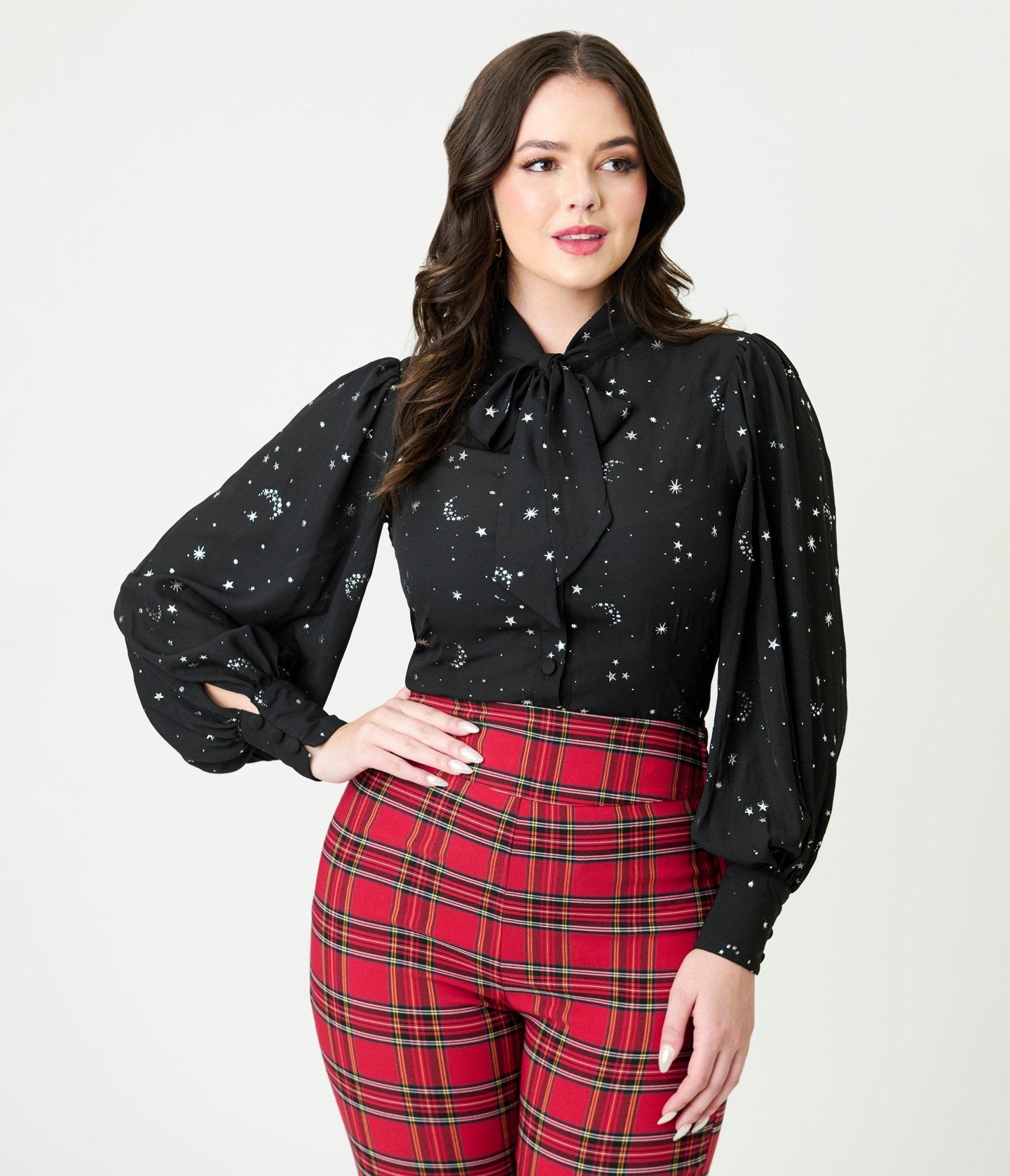 Unique Vintage Black Moon & Star Silver Foil Print Gwen Blouse - Unique Vintage - Womens, TOPS, WOVEN TOPS