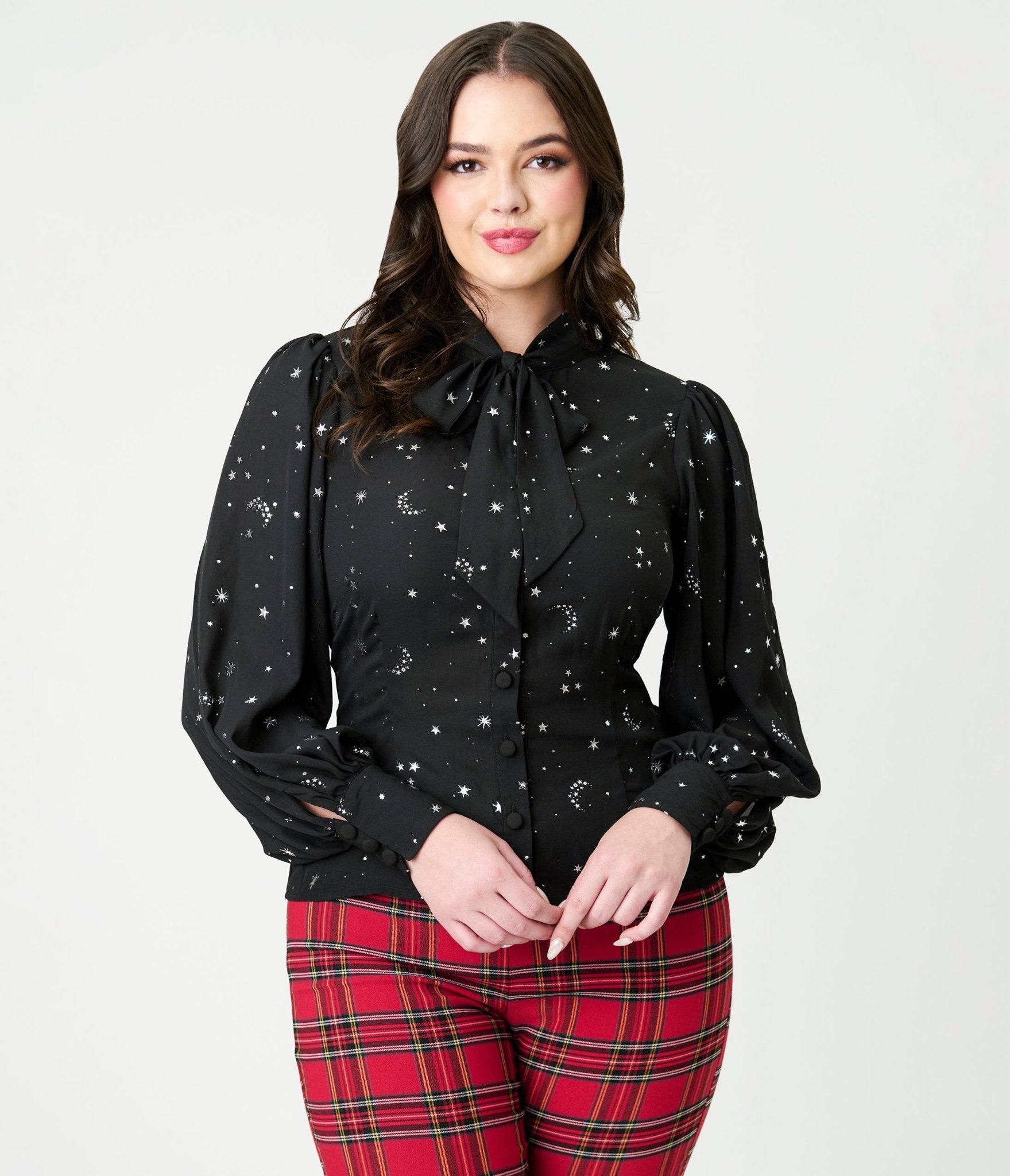 Unique Vintage Black Moon & Star Silver Foil Print Gwen Blouse - Unique Vintage - Womens, TOPS, WOVEN TOPS