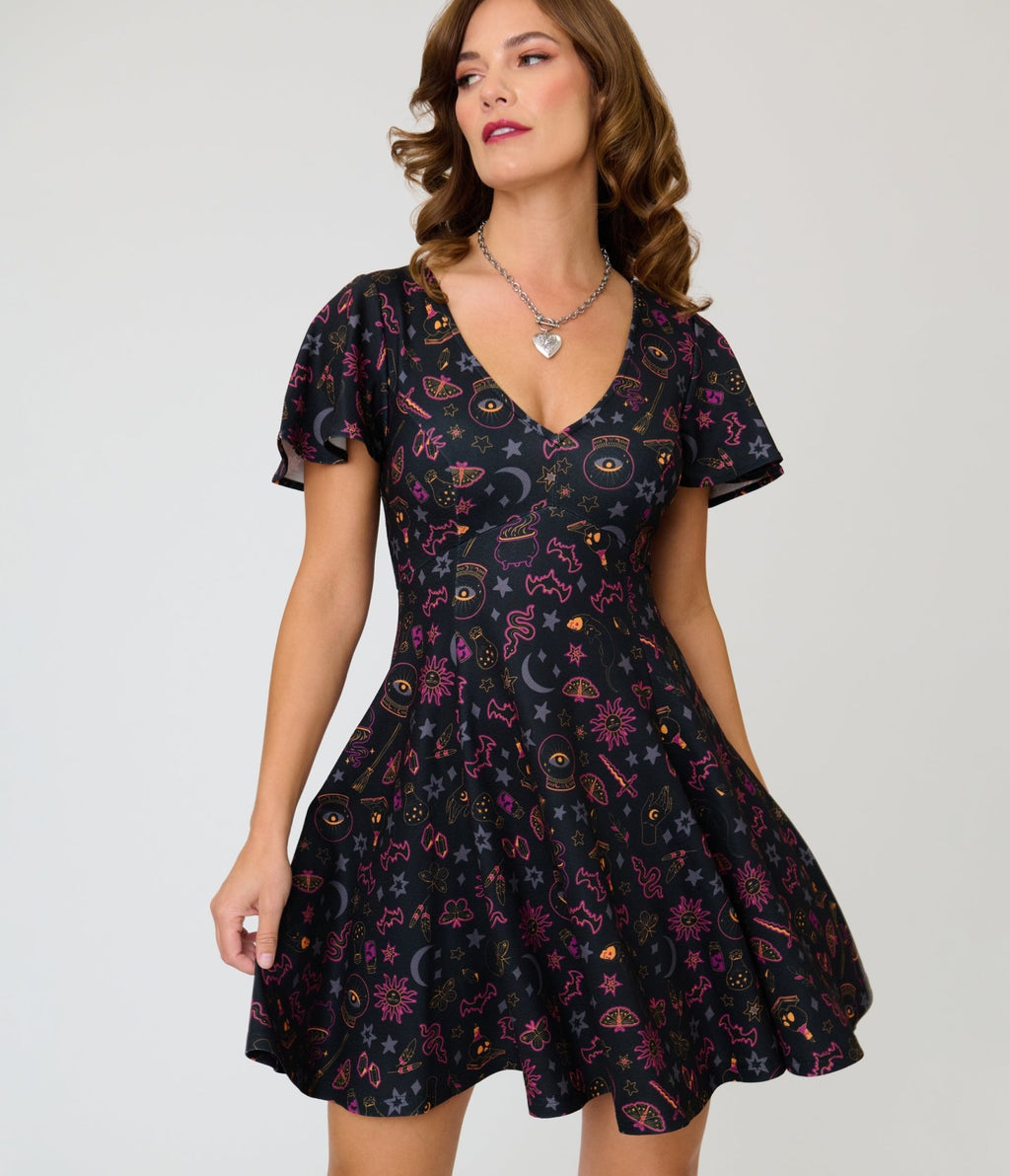 Unique Vintage Black Mystical Icons Poppy Flare Dress - Unique Vintage - Womens, DRESSES, FIT AND FLARE